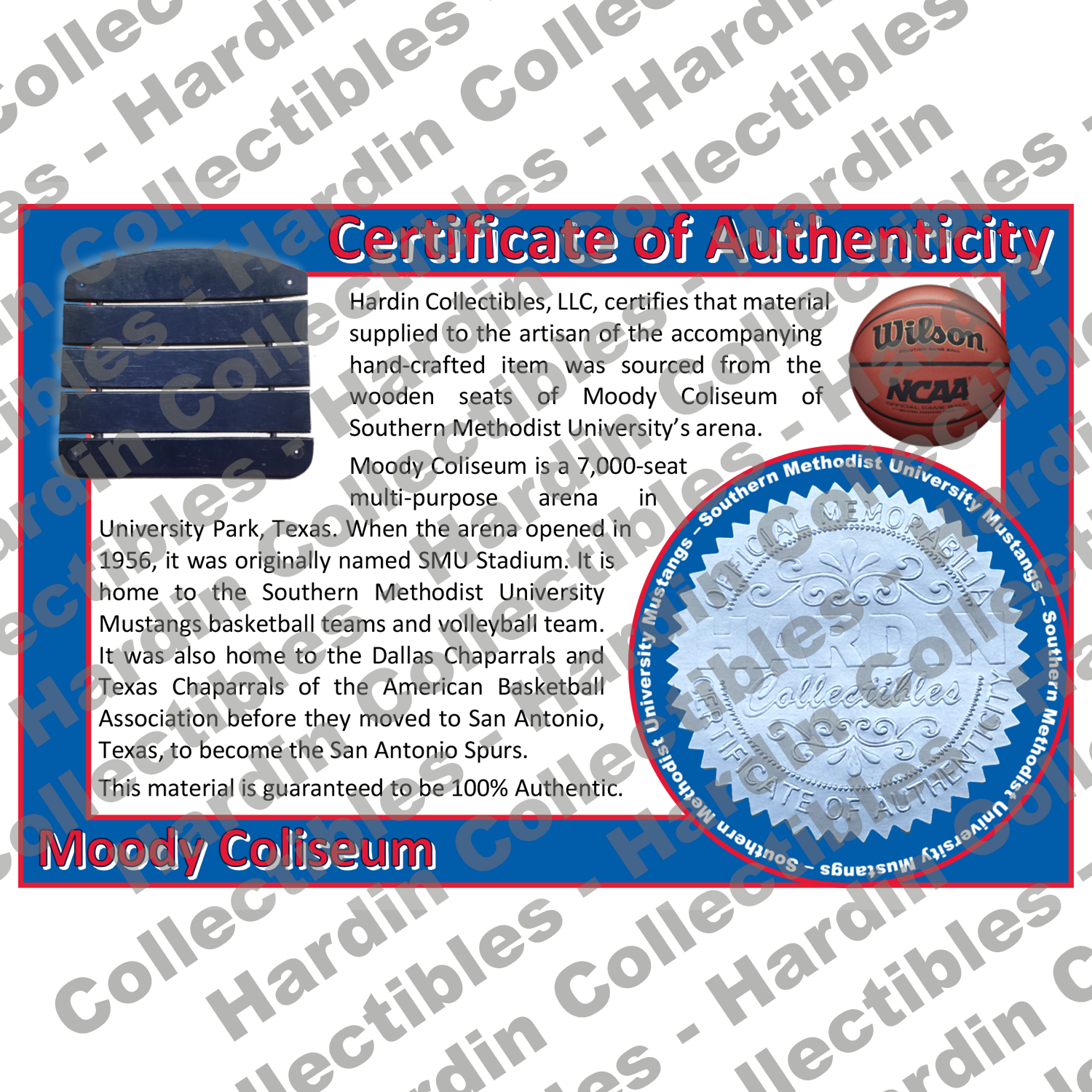 Image of certificate of authenticity for Moody Coliseum (Southern Methodist University Mustangs) - front