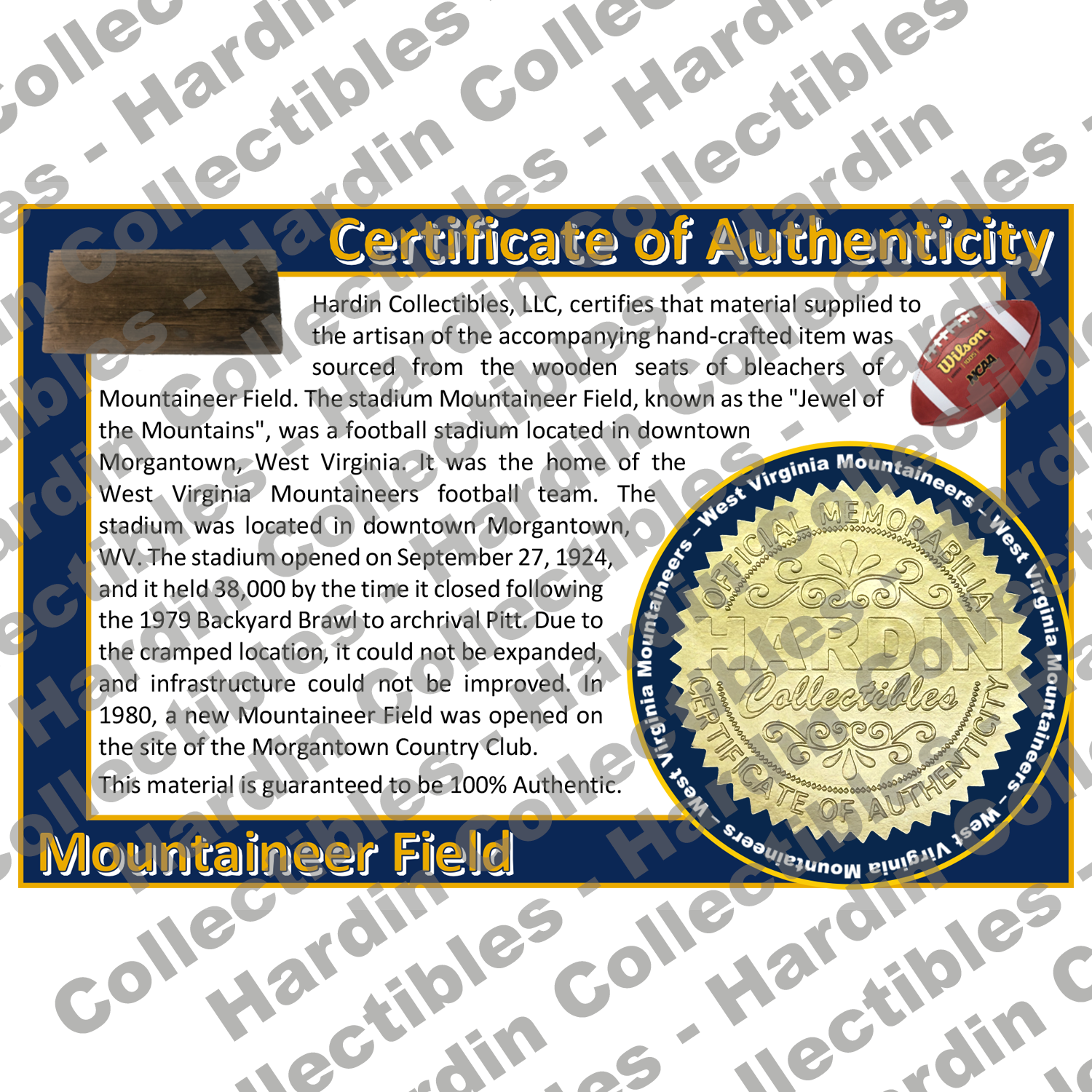 Image of certificate of authenticity for Mountaineer Field (West Virginia University) - front