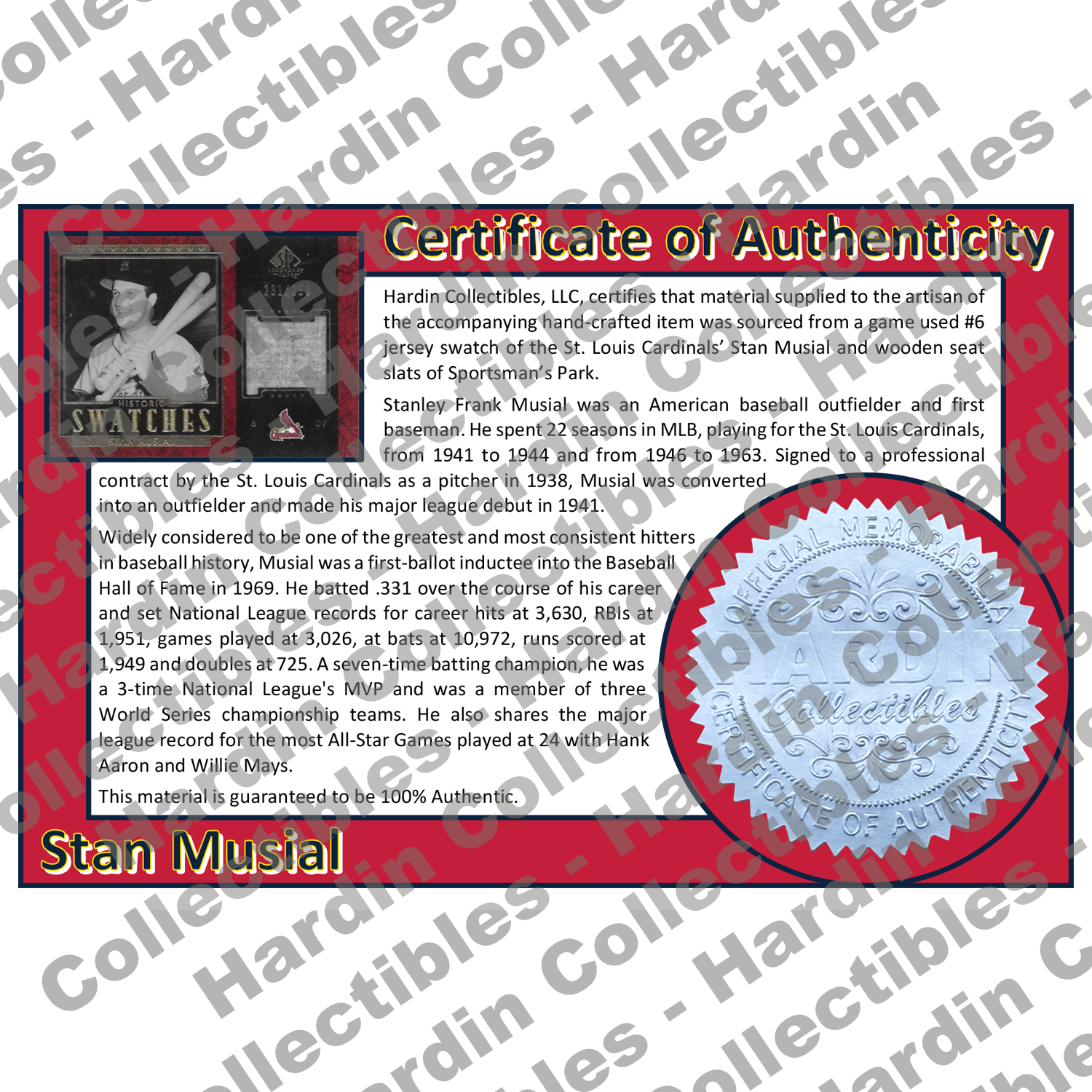 Image of certificate of authenticity for Musial, Stan 