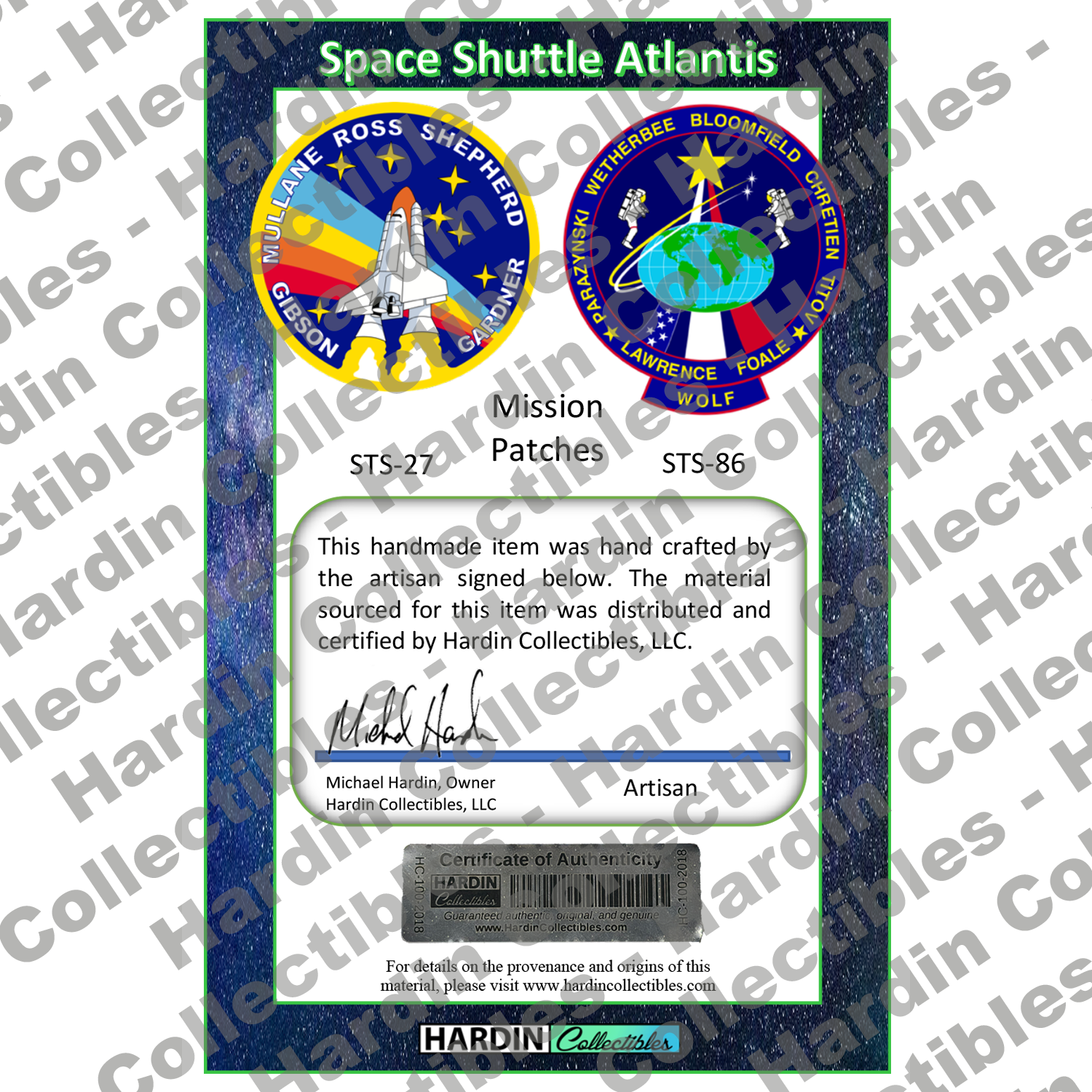 Image of certificate of authenticity for NASA Space Shuttle Embedded Pen Blanks – Atlantis - back