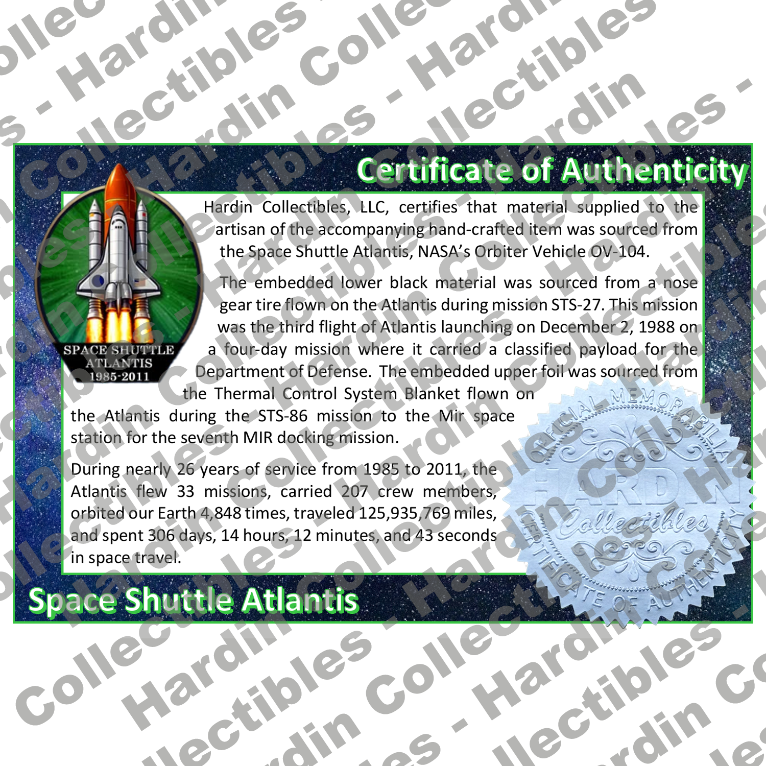 Image of certificate of authenticity for NASA Space Shuttle Embedded Pen Blanks – Atlantis - front