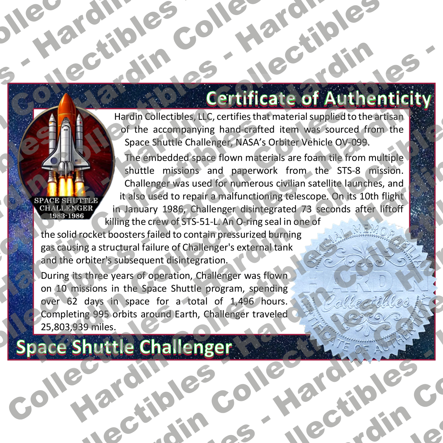 Image of certificate of authenticity for NASA Space Shuttle Embedded Pen Blanks – Challenger - front