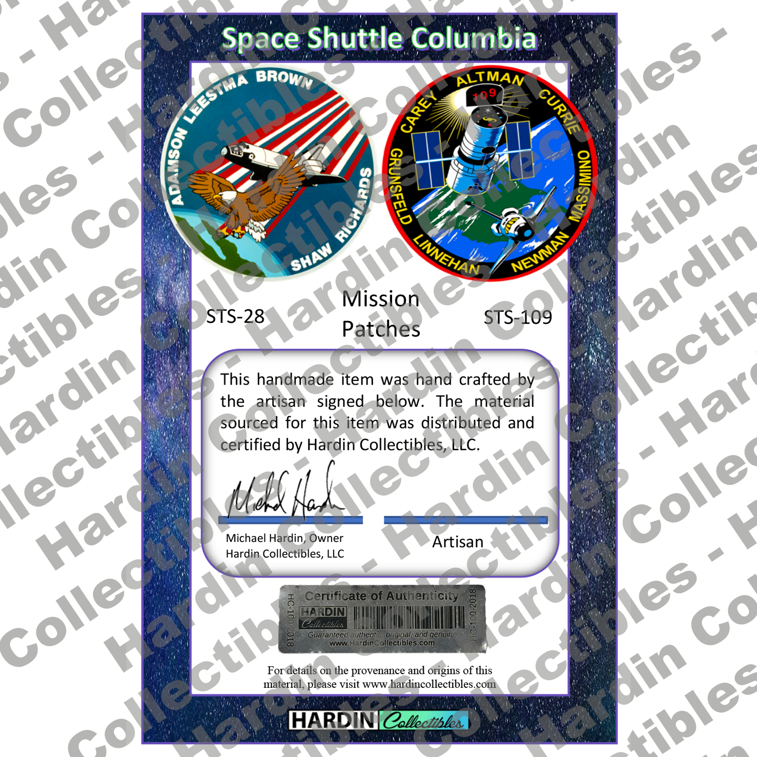 Image of certificate of authenticity for NASA Space Shuttle Embedded Pen Blanks – Columbia - back