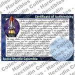 Image of certificate of authenticity for NASA Space Shuttle Embedded Pen Blanks – Columbia - front