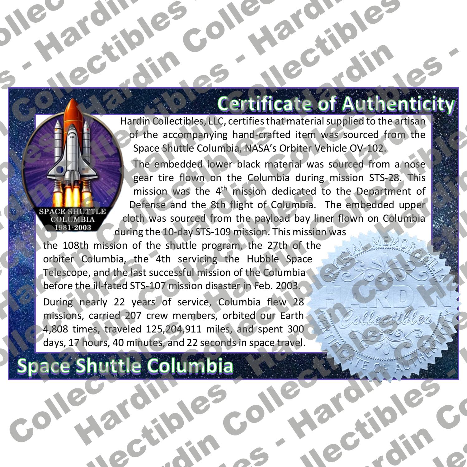 Image of certificate of authenticity for NASA Space Shuttle Embedded Pen Blanks – Columbia - front