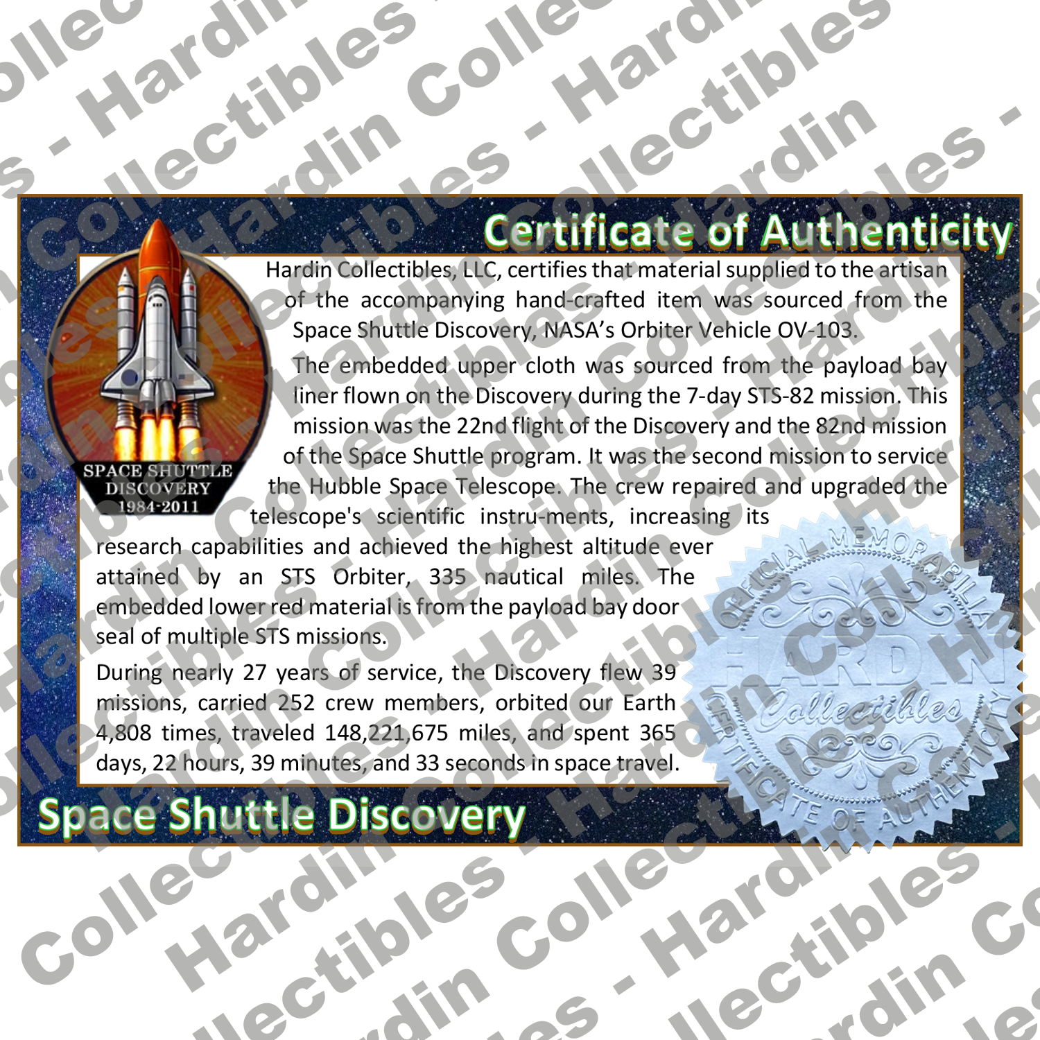 Image of certificate of authenticity for NASA Space Shuttle Embedded Pen Blanks – Discovery - front
