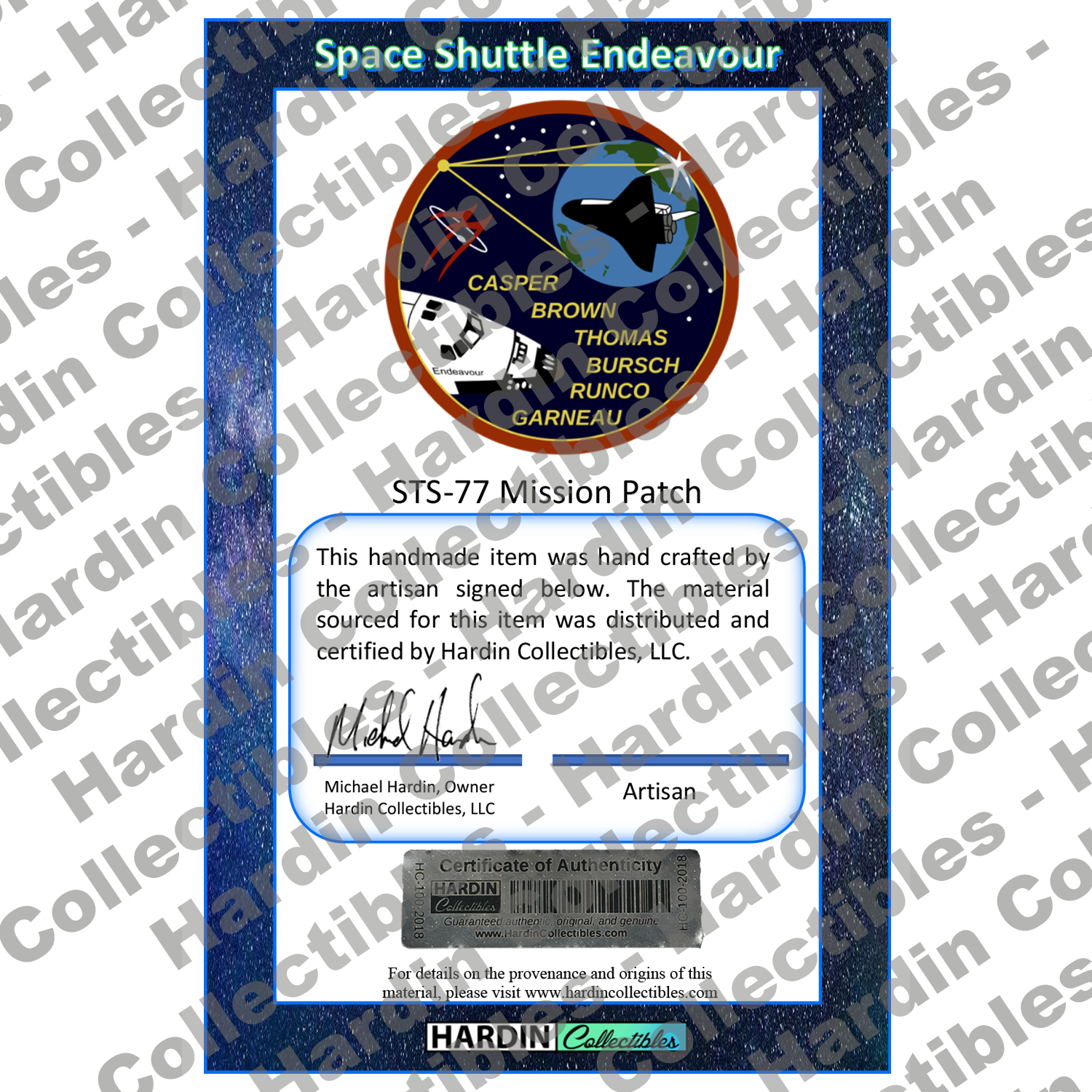 Image of certificate of authenticity for NASA Space Shuttle Embedded Pen Blanks – Endeavour - back