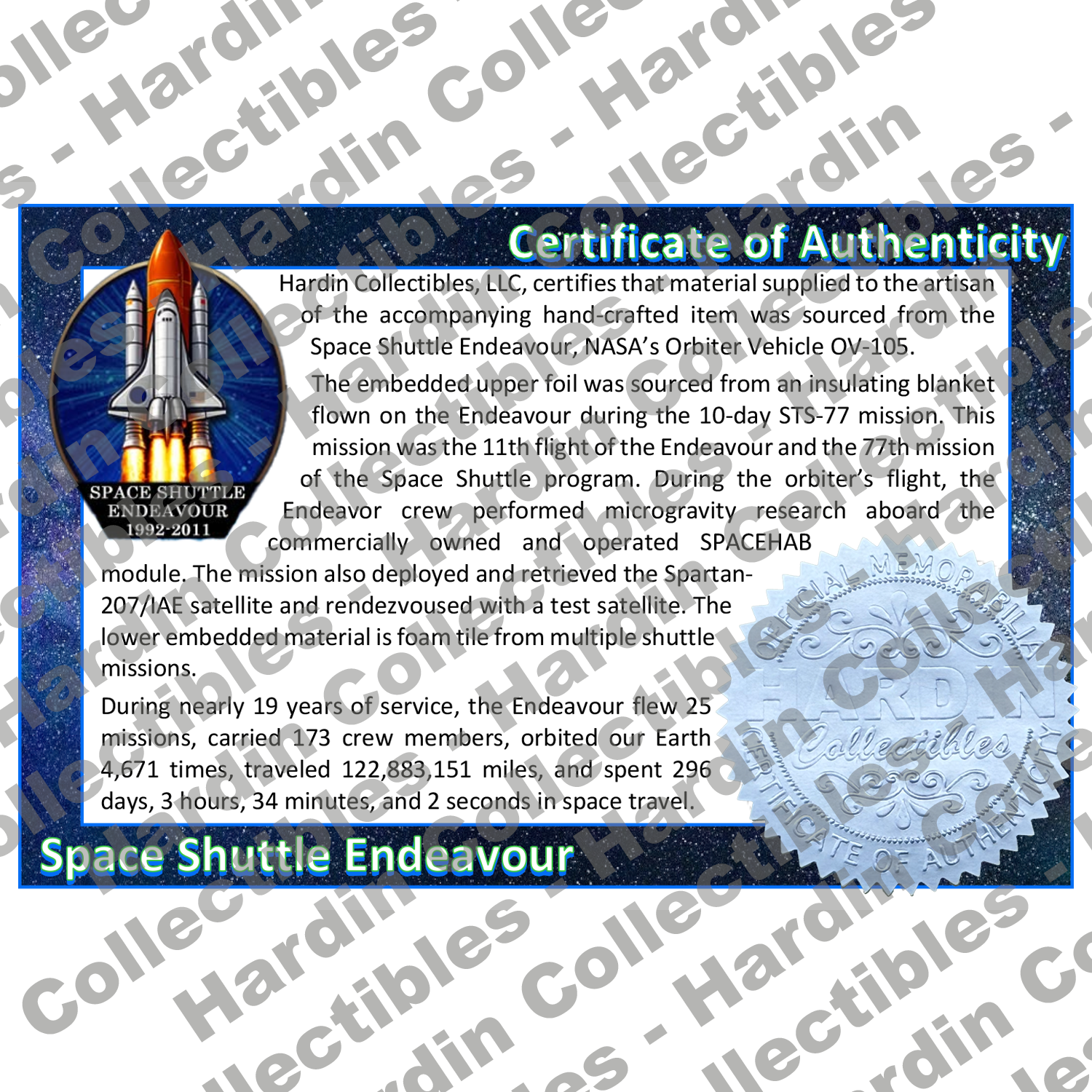 Image of certificate of authenticity for NASA Space Shuttle Embedded Pen Blanks – Endeavour - front