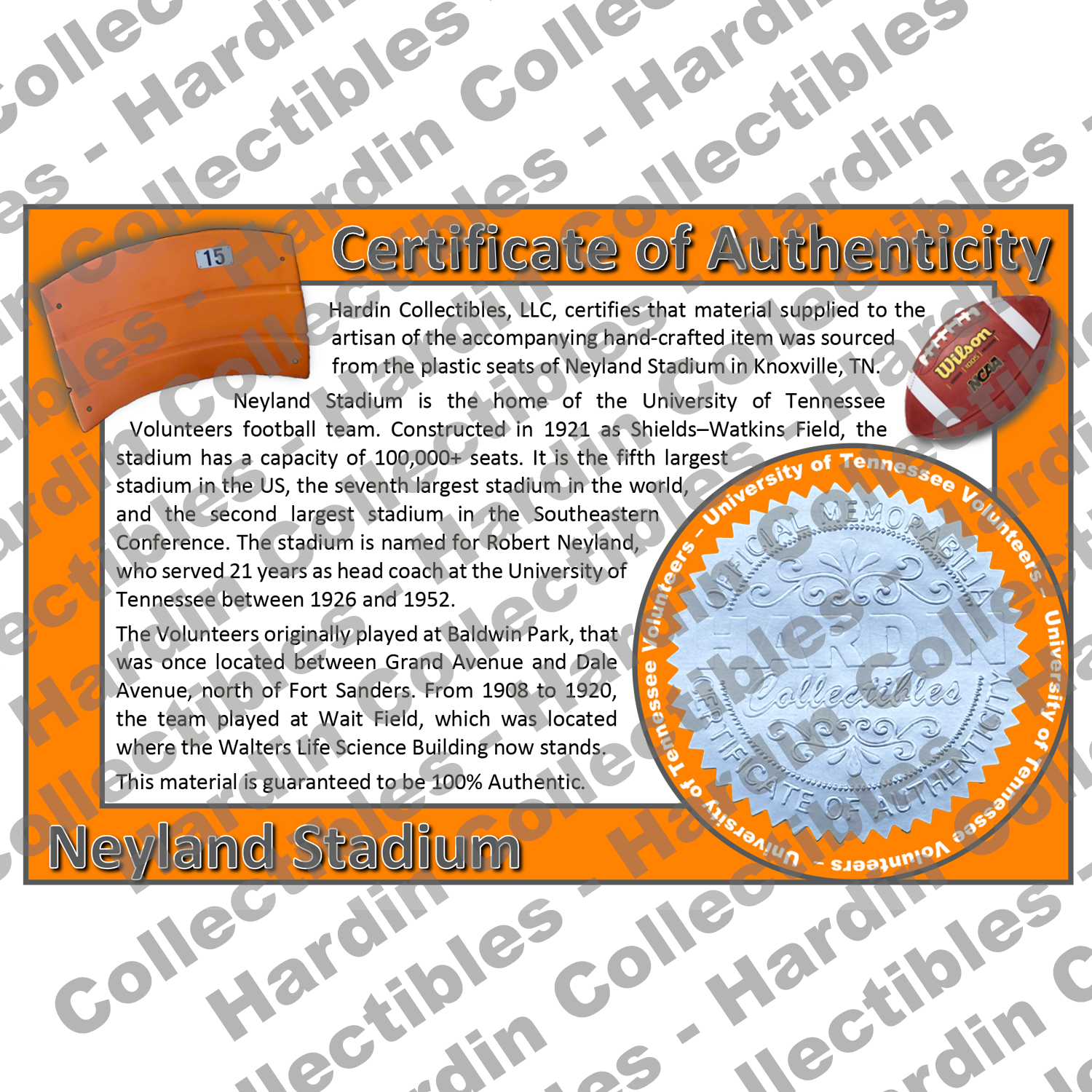 Image of certificate of authenticity for Neyland Stadium (University of Tennessee) - front