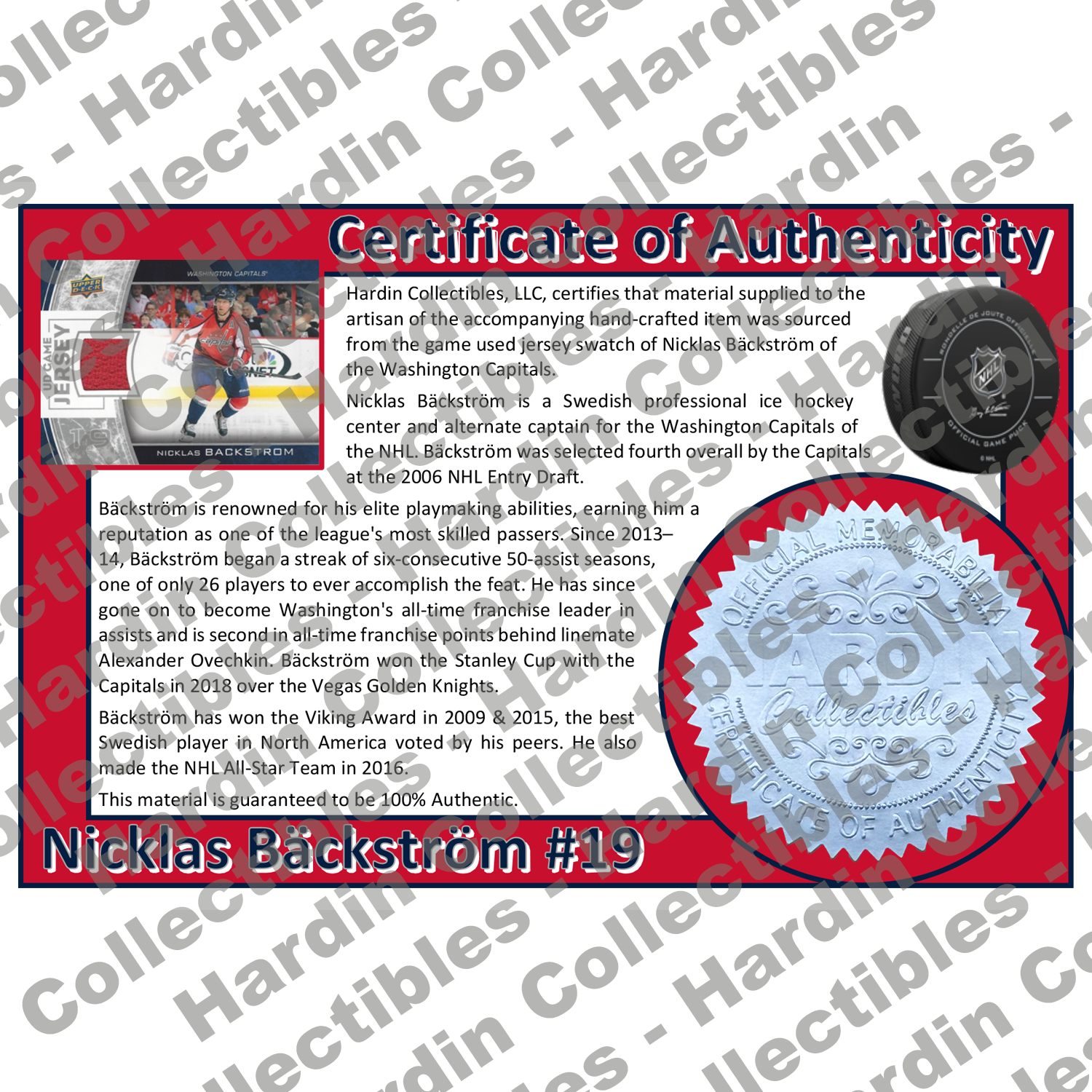 Image of certificate of authenticity for Backstrom, Nicklas 