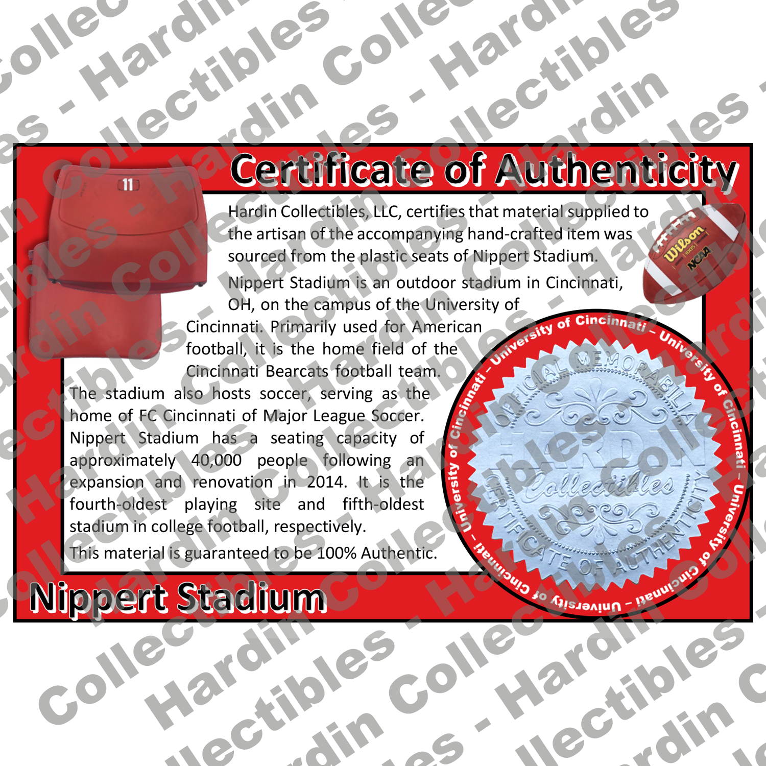 Image of certificate of authenticity for Nippert Stadium (University of Cincinnati) - front