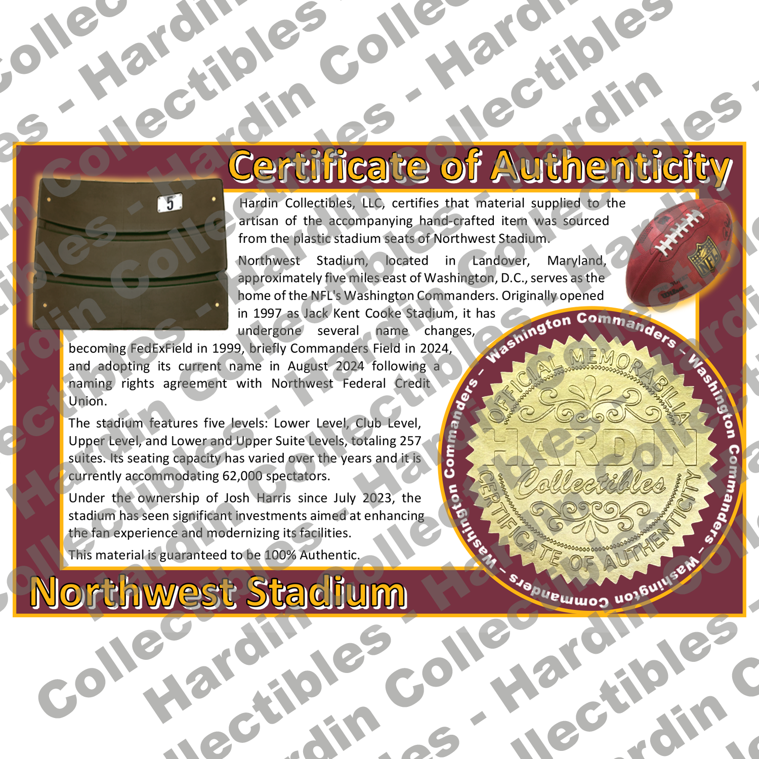 Image of certificate of authenticity for Northwest Stadium (Washington Commanders) [FedExField - Redskins] - front