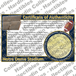 Image of certificate of authenticity for Notre Dame Stadium (University of Notre Dame) - front