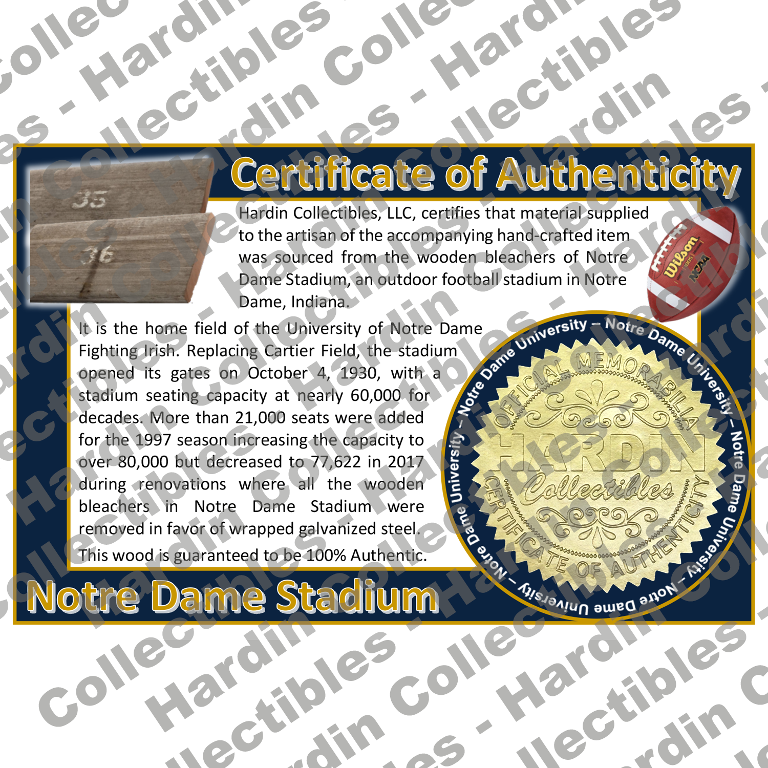 Image of certificate of authenticity for Notre Dame Stadium (University of Notre Dame) - front