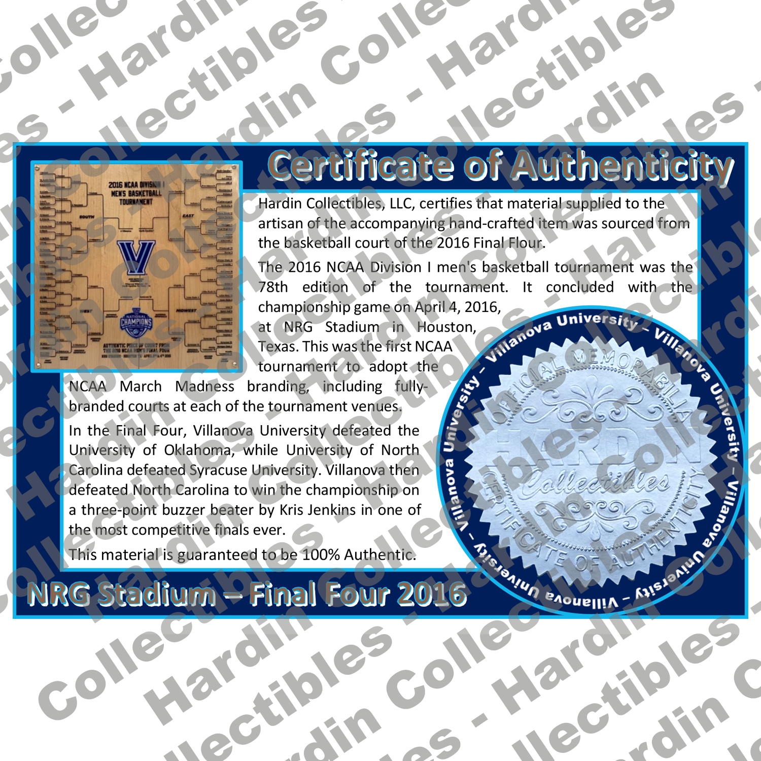 Image of certificate of authenticity for NRG Stadium (2016 Final Four) Villanova University - front