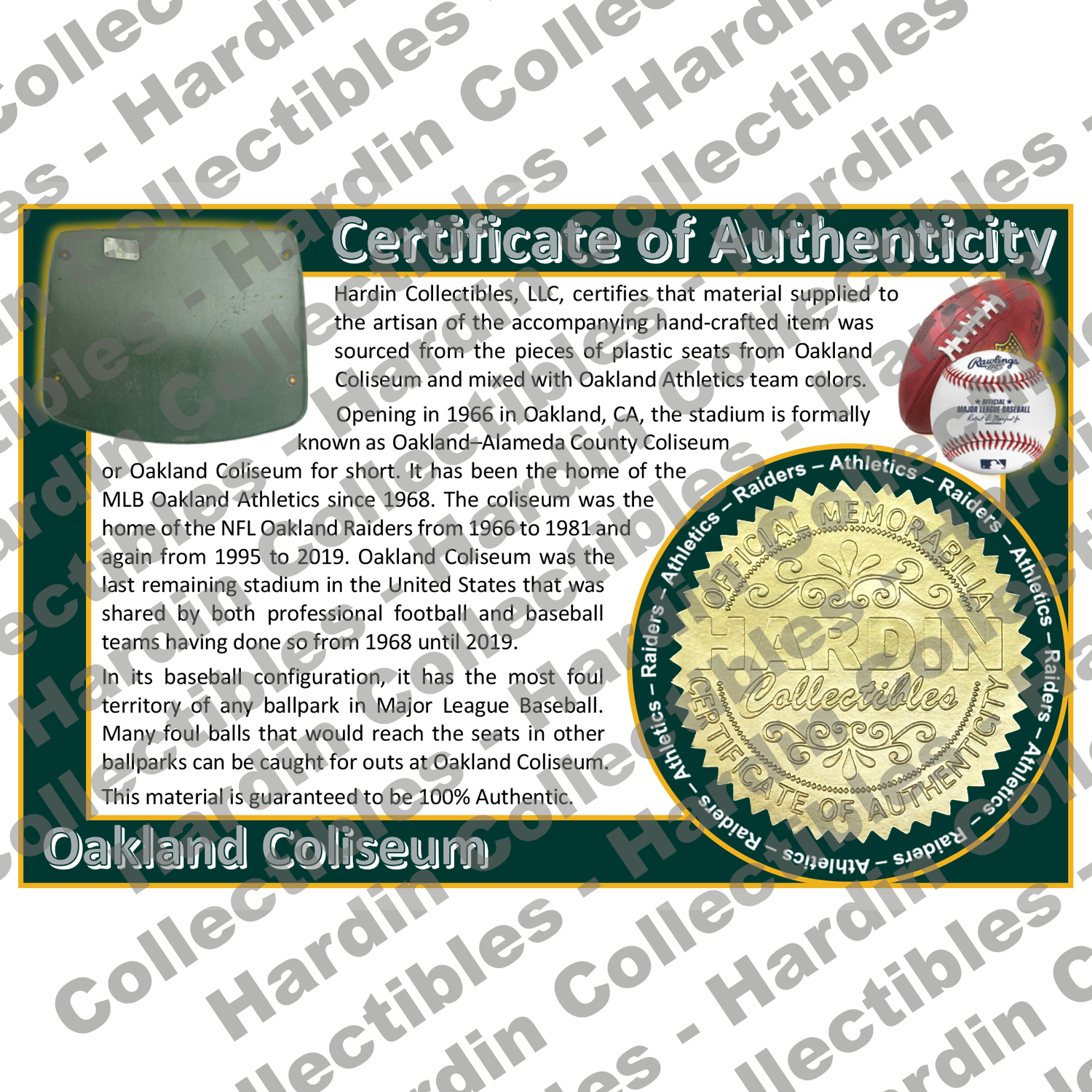 Image of certificate of authenticity for Oakland Coliseum (Oakland Athletics)[PLASTIC] - front