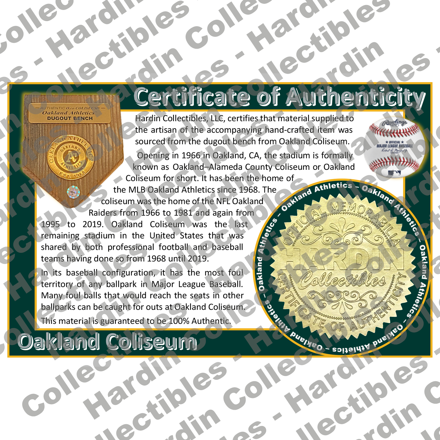 Image of certificate of authenticity for Oakland Coliseum (Oakland Athletics)[WOOD] - front