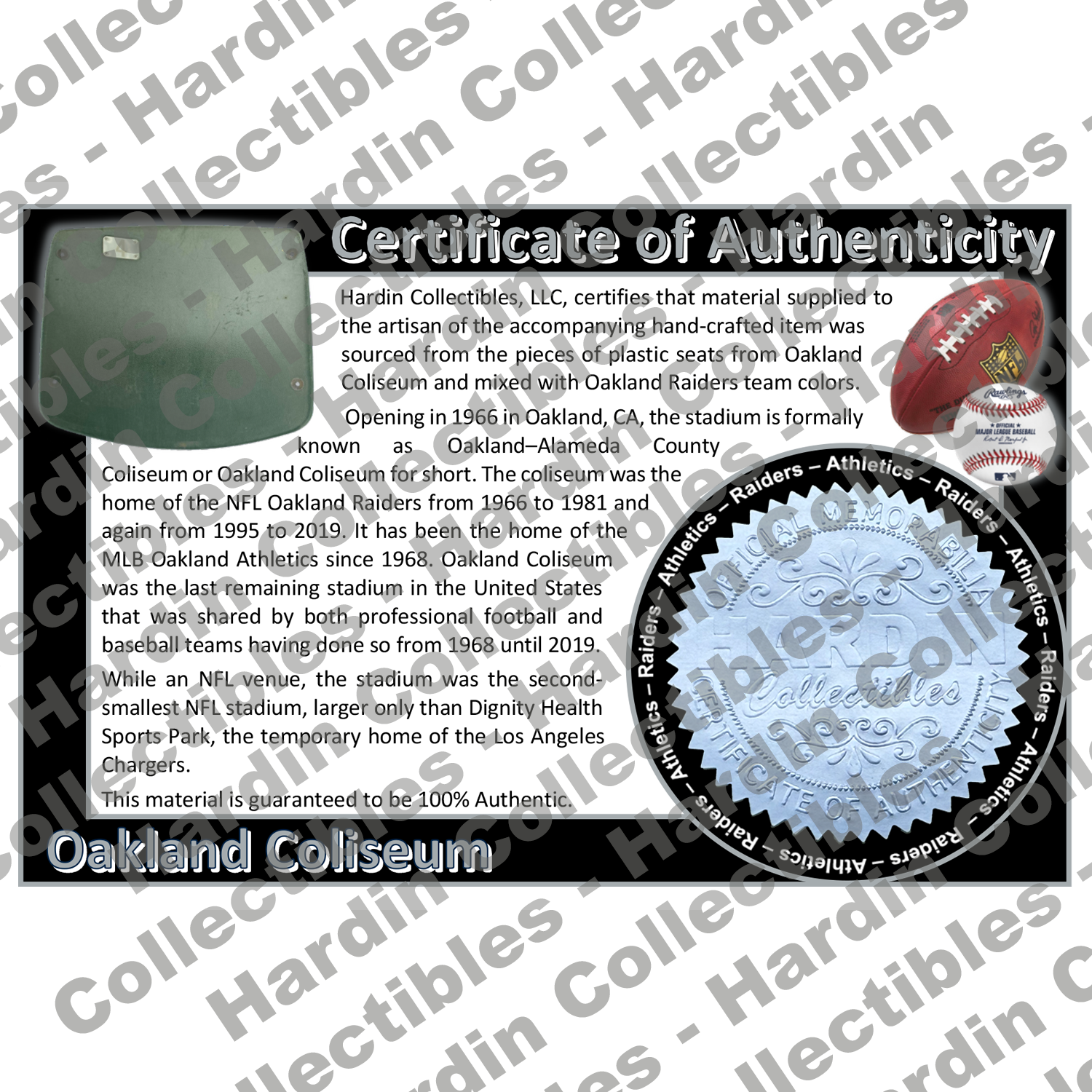 Image of certificate of authenticity for Oakland Coliseum (Oakland Raiders) - front
