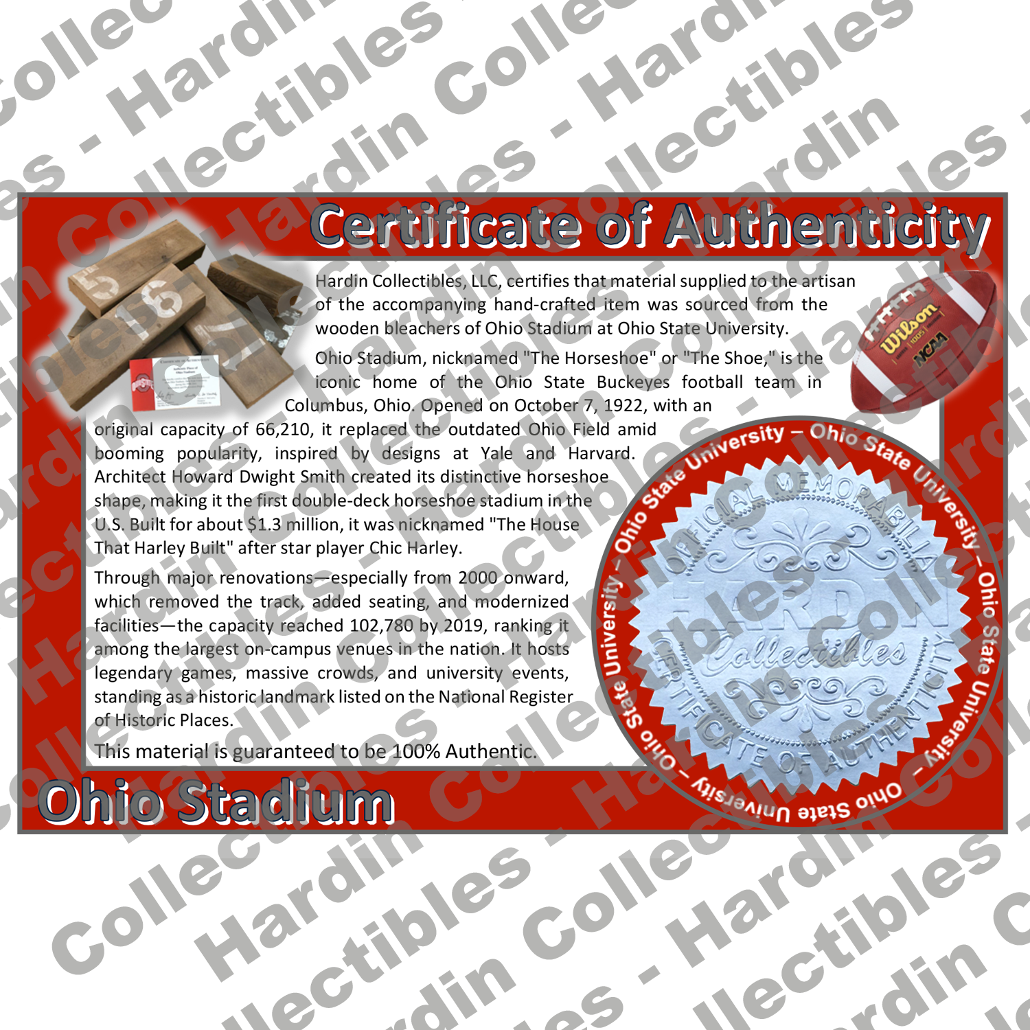 Image of certificate of authenticity for Ohio Stadium (Ohio State University) - front