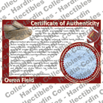 Image of certificate of authenticity for Owen Field (Oklahoma Sooners) - front