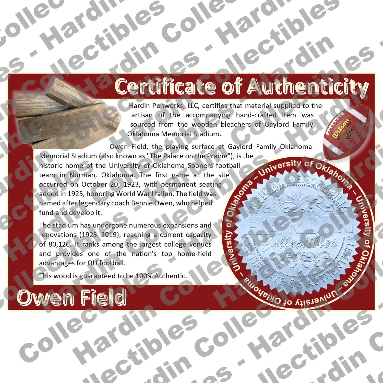 Image of certificate of authenticity for Owen Field (Oklahoma Sooners) - front