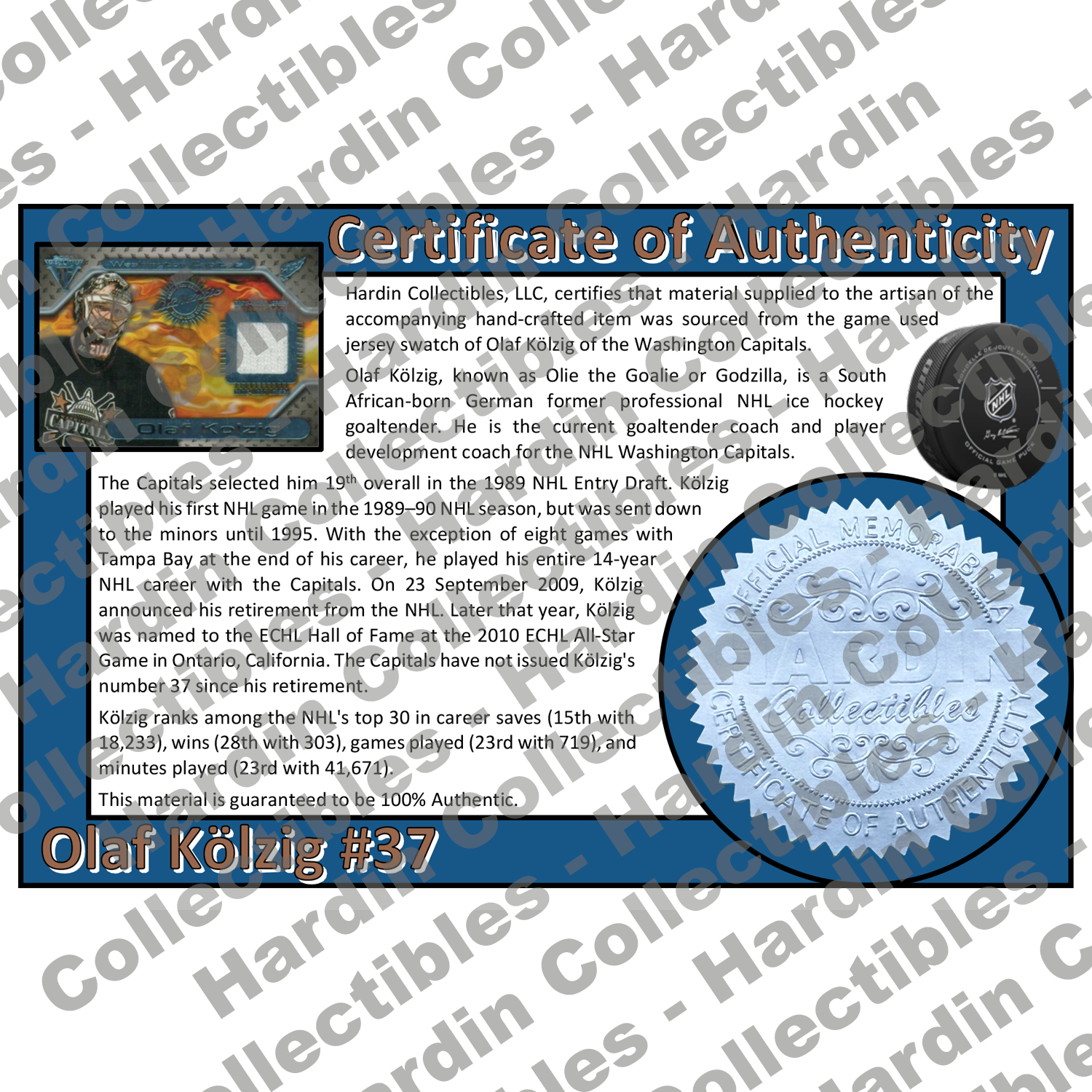 Image of certificate of authenticity for Kölzig, Olaf 