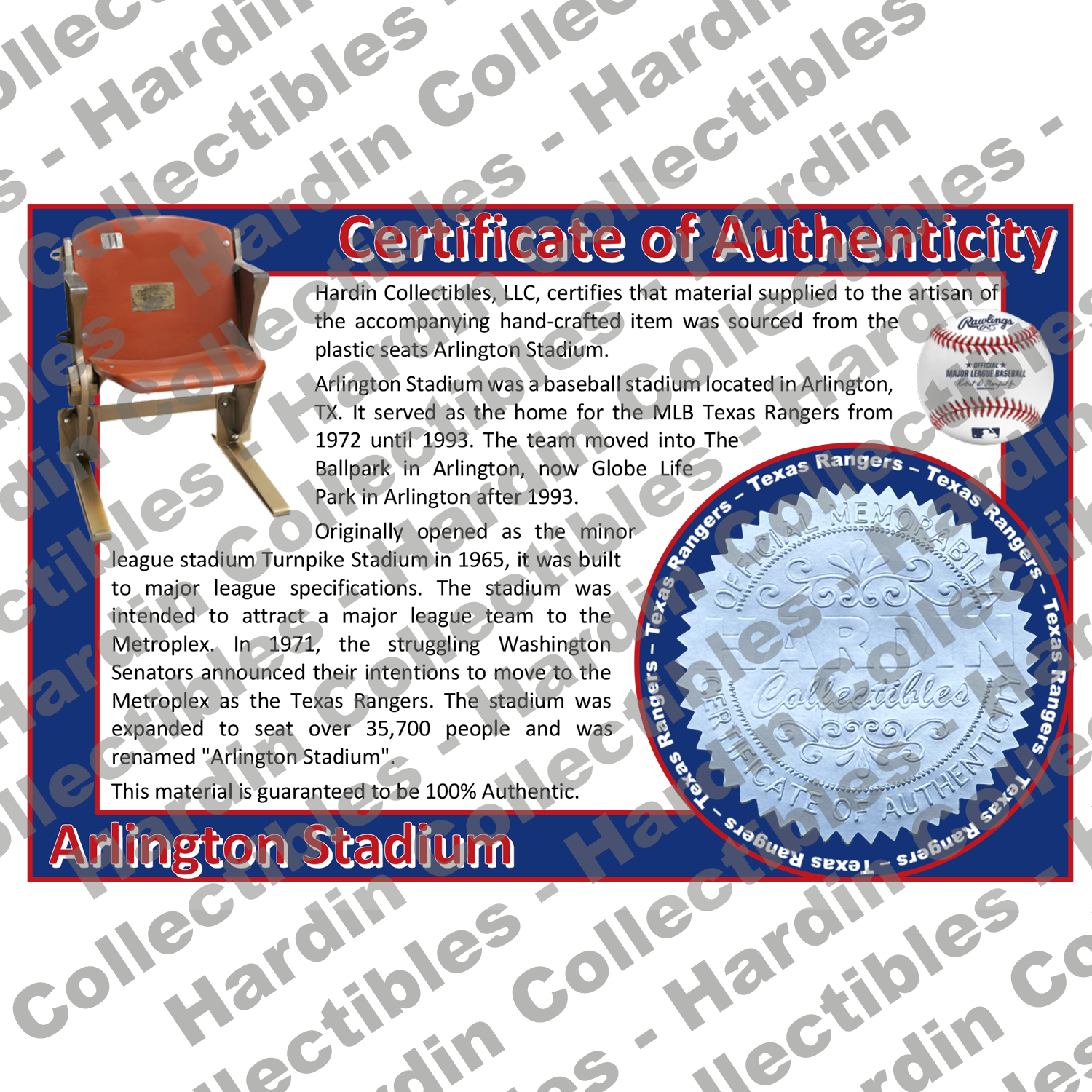 Image of certificate of authenticity for Arlington Stadium (Texas Rangers) - front
