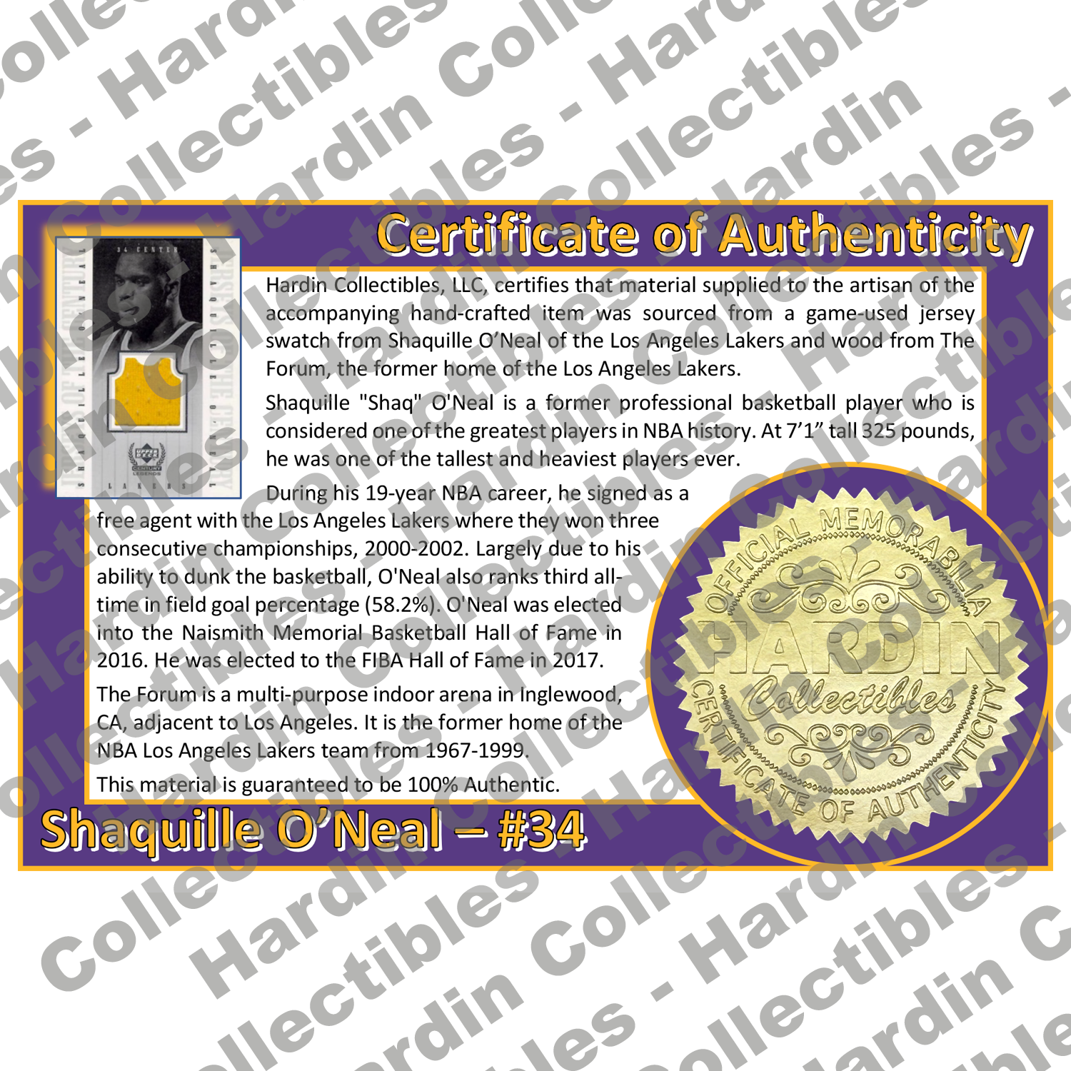 Image of certificate of authenticity for O'Neal, Shaquille 