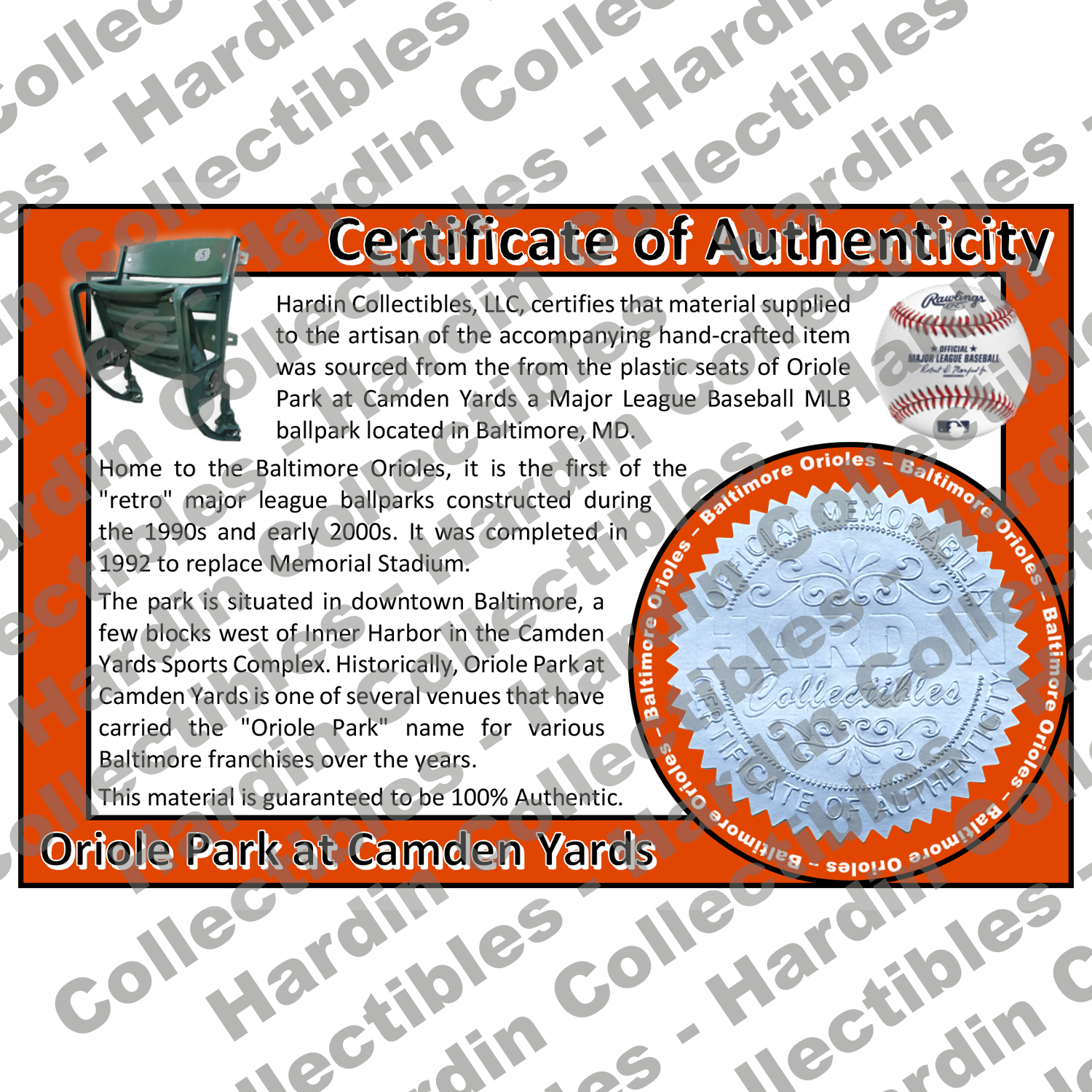 Image of certificate of authenticity for Oriole Park at Camden Yards (Baltimore Orioles) - front
