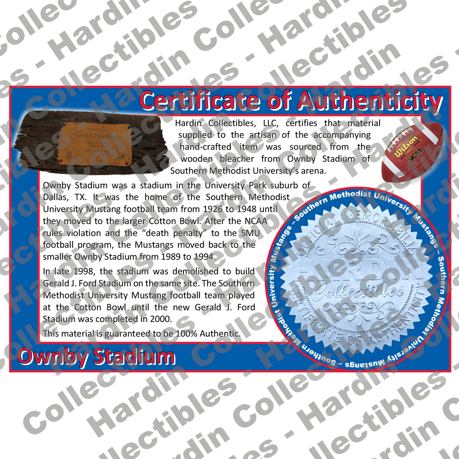 Image of certificate of authenticity for Ownby Stadium (Southern Methodist University Mustangs) - front