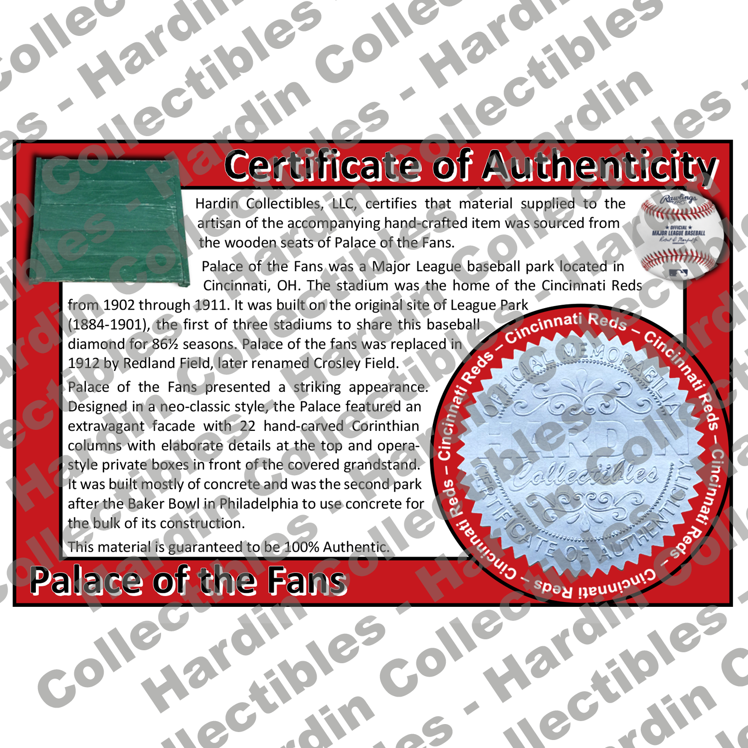 Image of certificate of authenticity for Palace of the Fans (Cincinnati Reds) - front