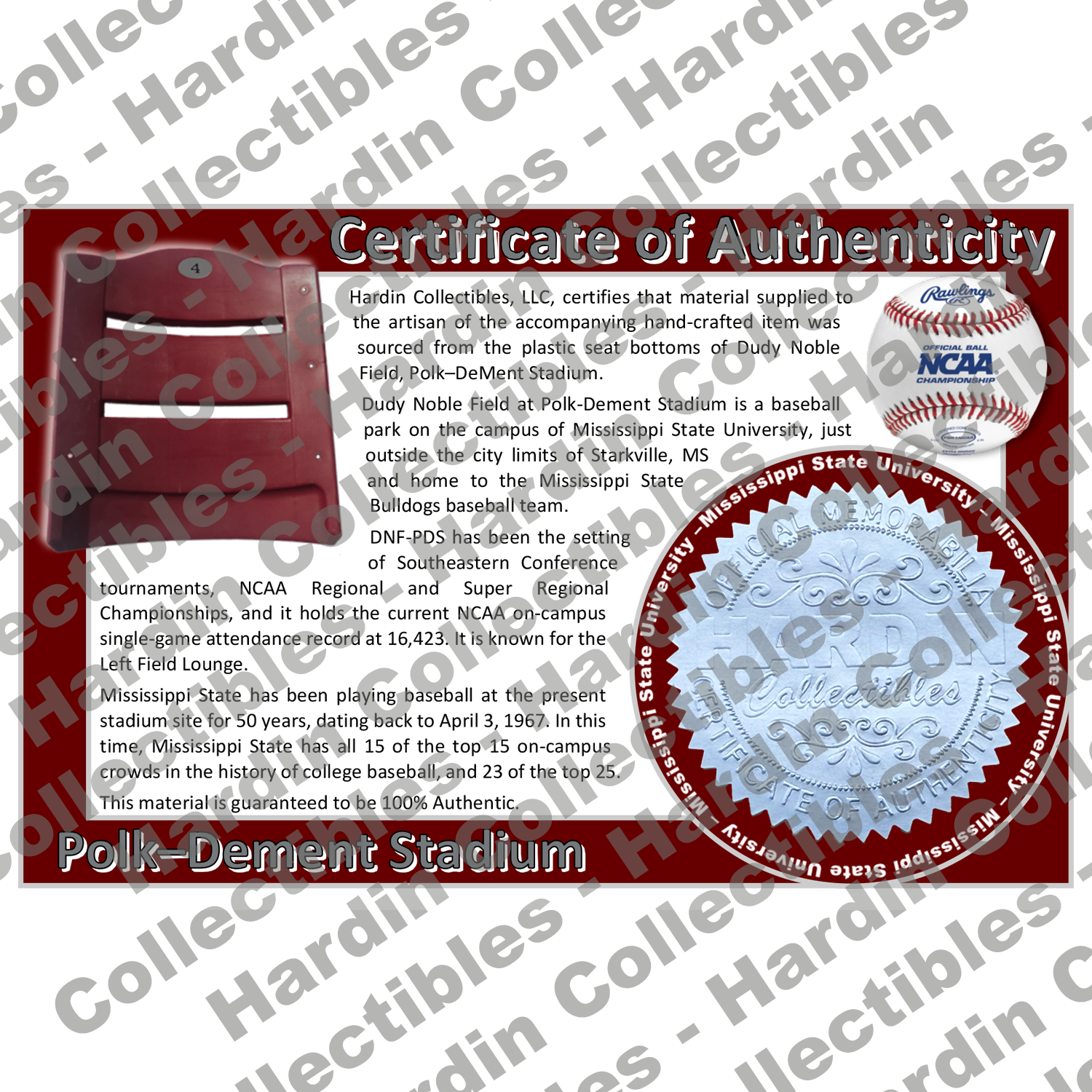 Image of certificate of authenticity for Polk Dement Stadium (Mississippi State University) [Plastic Seats] - front