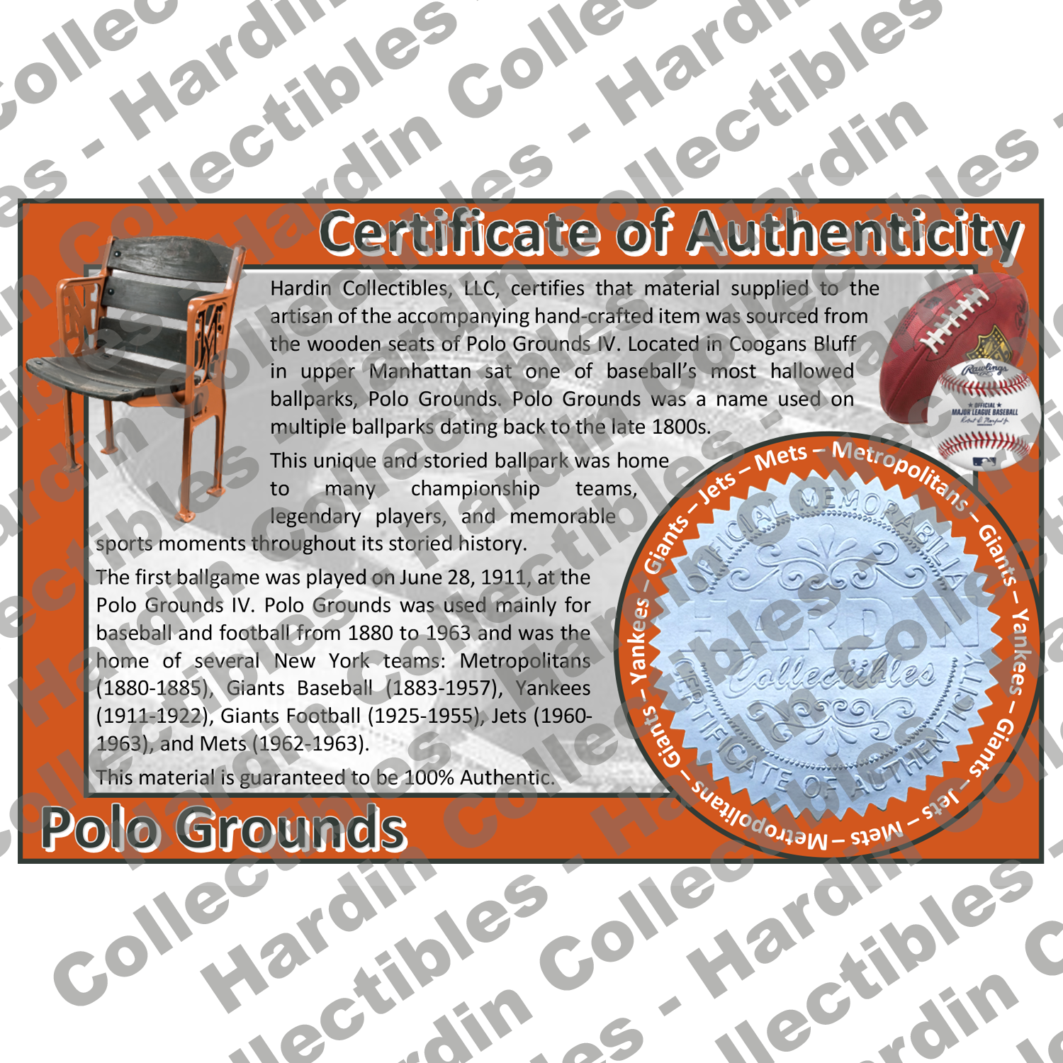 Image of certificate of authenticity for Polo Grounds (New York Giants, Yankees, & Mets) Stadium Seat Pen Blanks - front