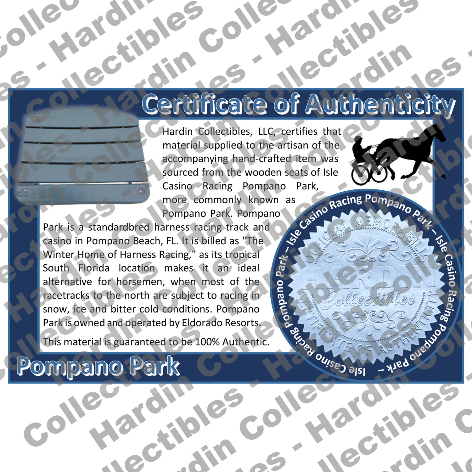 Image of certificate of authenticity for Pompano Park Race Track (Pompano Beach, Florida) - front
