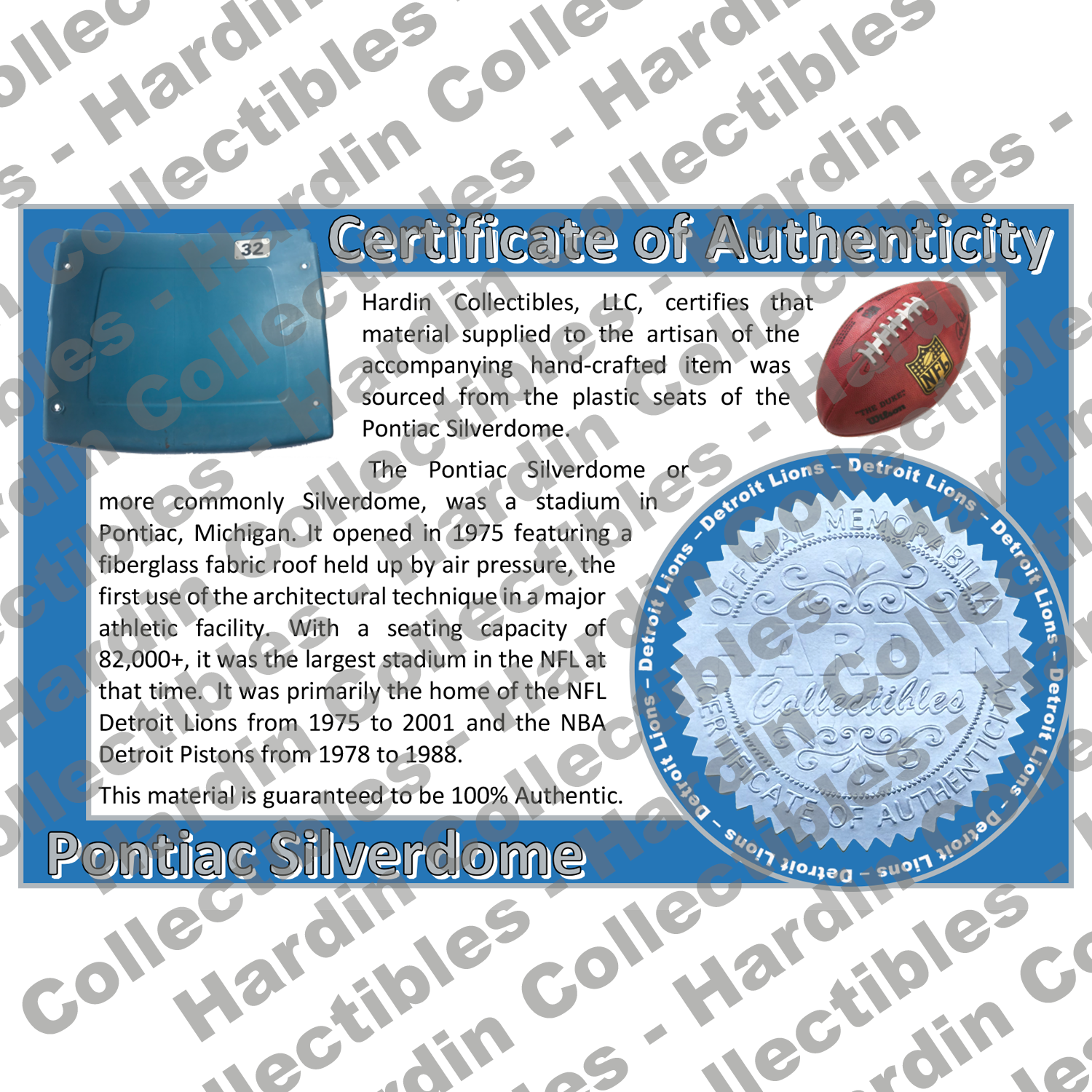 Image of certificate of authenticity for Pontiac Silverdome (Detroit Lions) - front