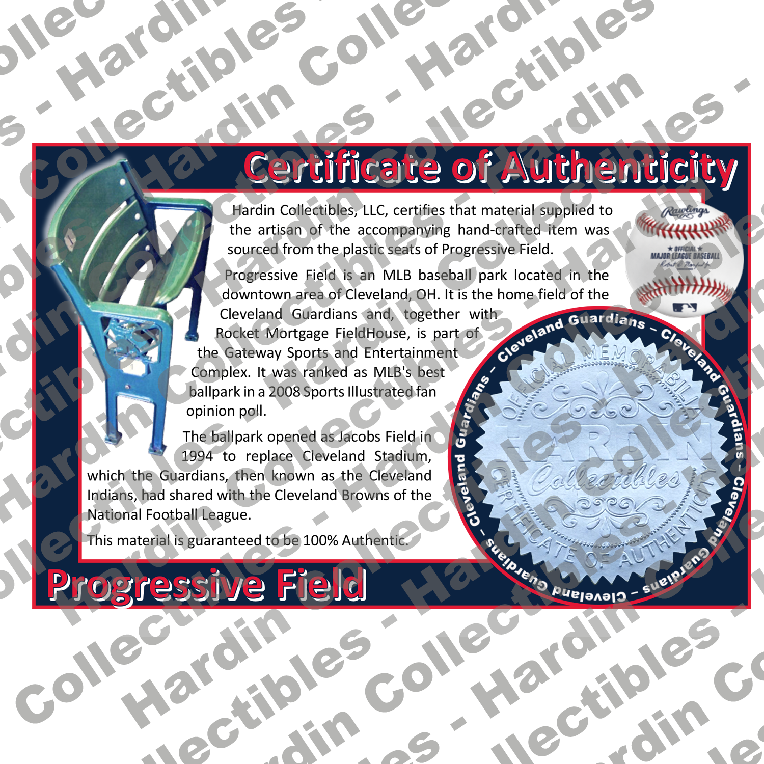 Image of certificate of authenticity for Progressive Field (Cleveland Guardians/Indians) - front