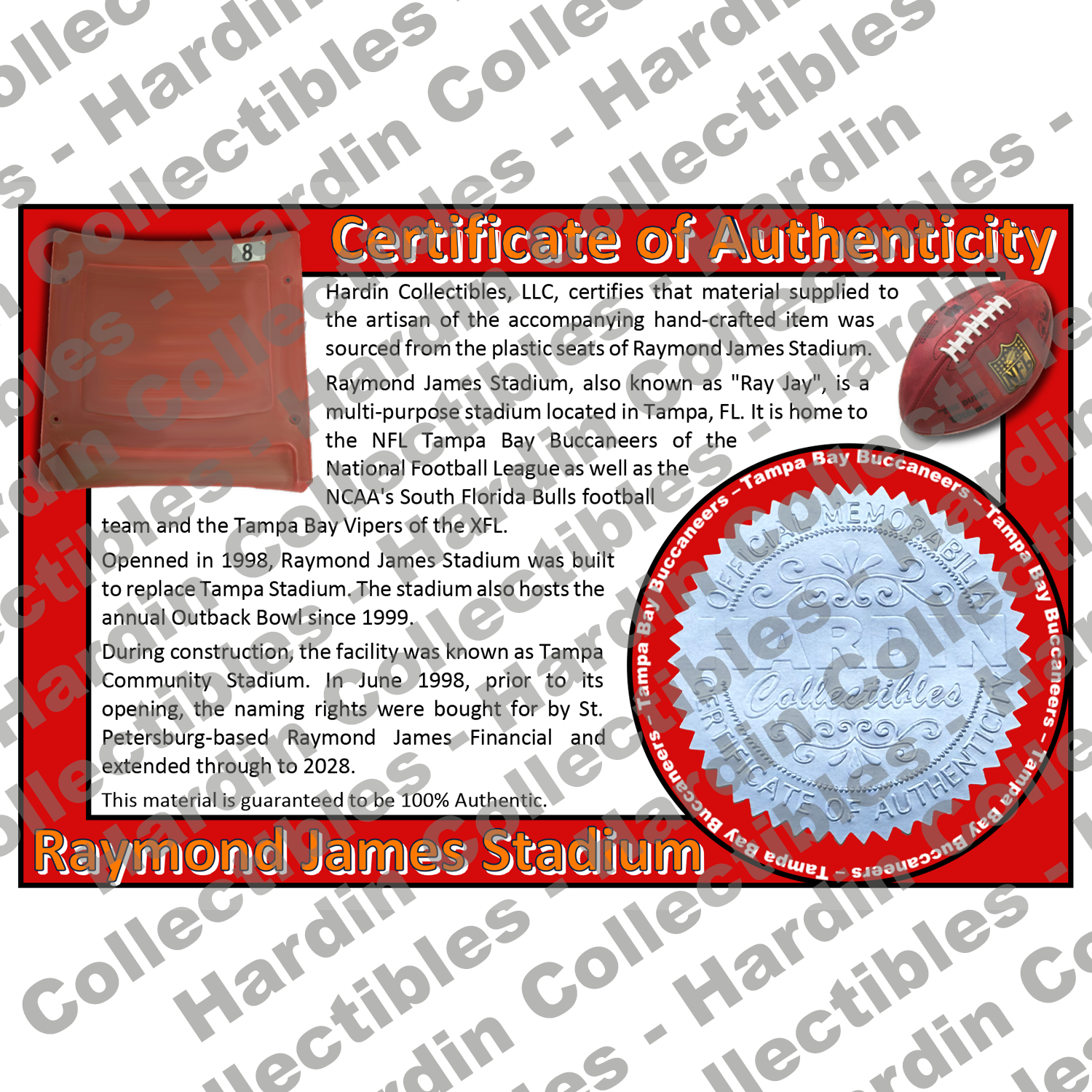 Image of certificate of authenticity for Raymond James Stadium (Tampa Bay Buccaneers) - front