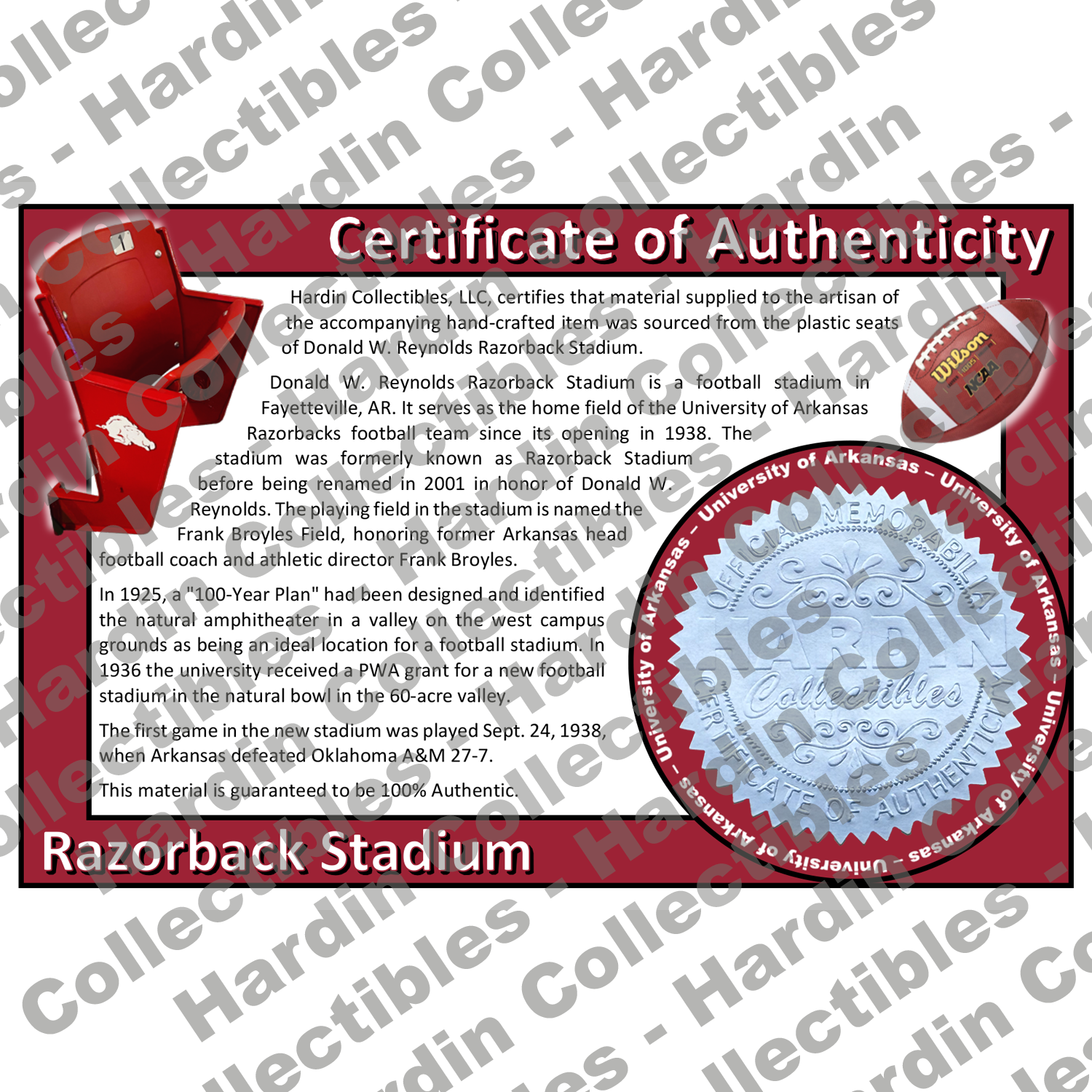 Image of certificate of authenticity for Razorback Stadium (University of Arkansas) - front