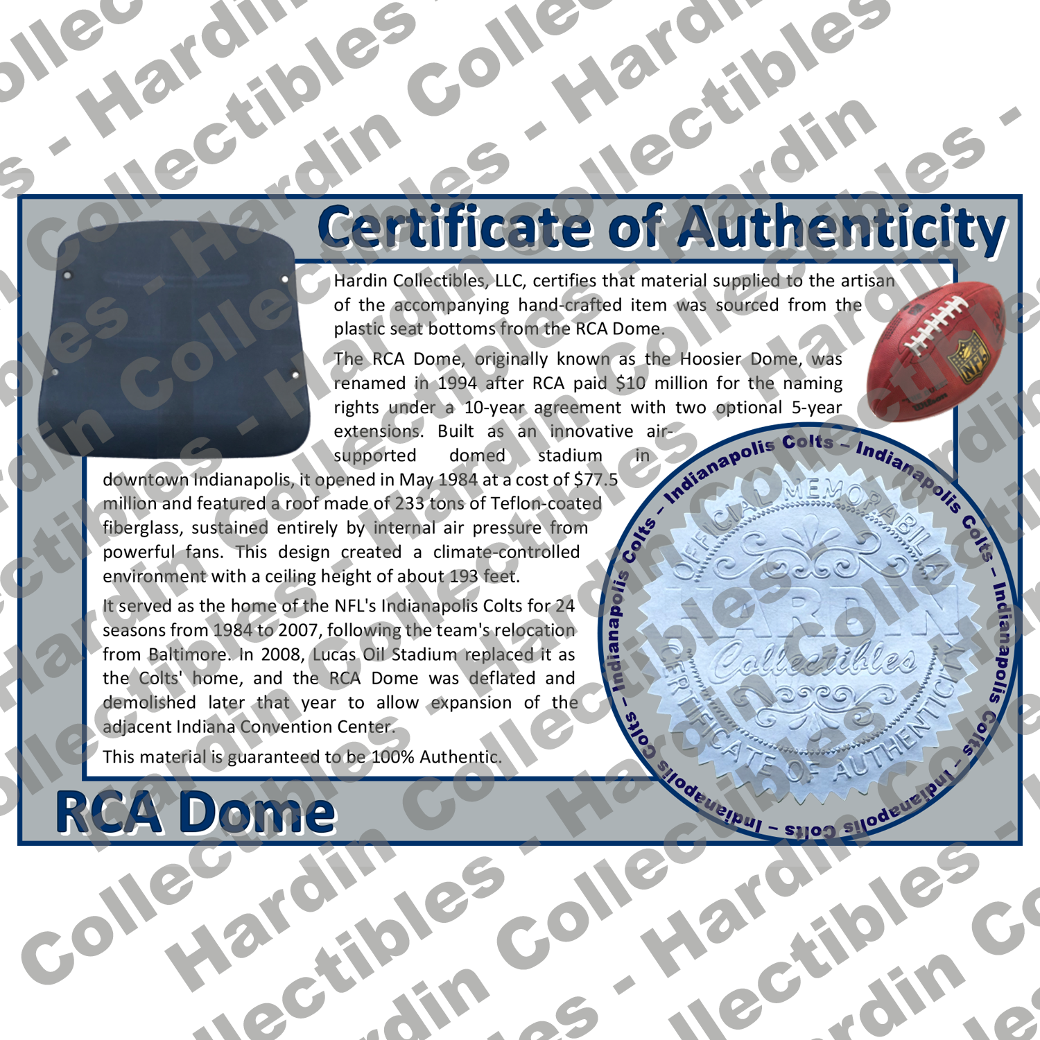 Image of certificate of authenticity for RCA Dome (Indianapolis Colts) - front