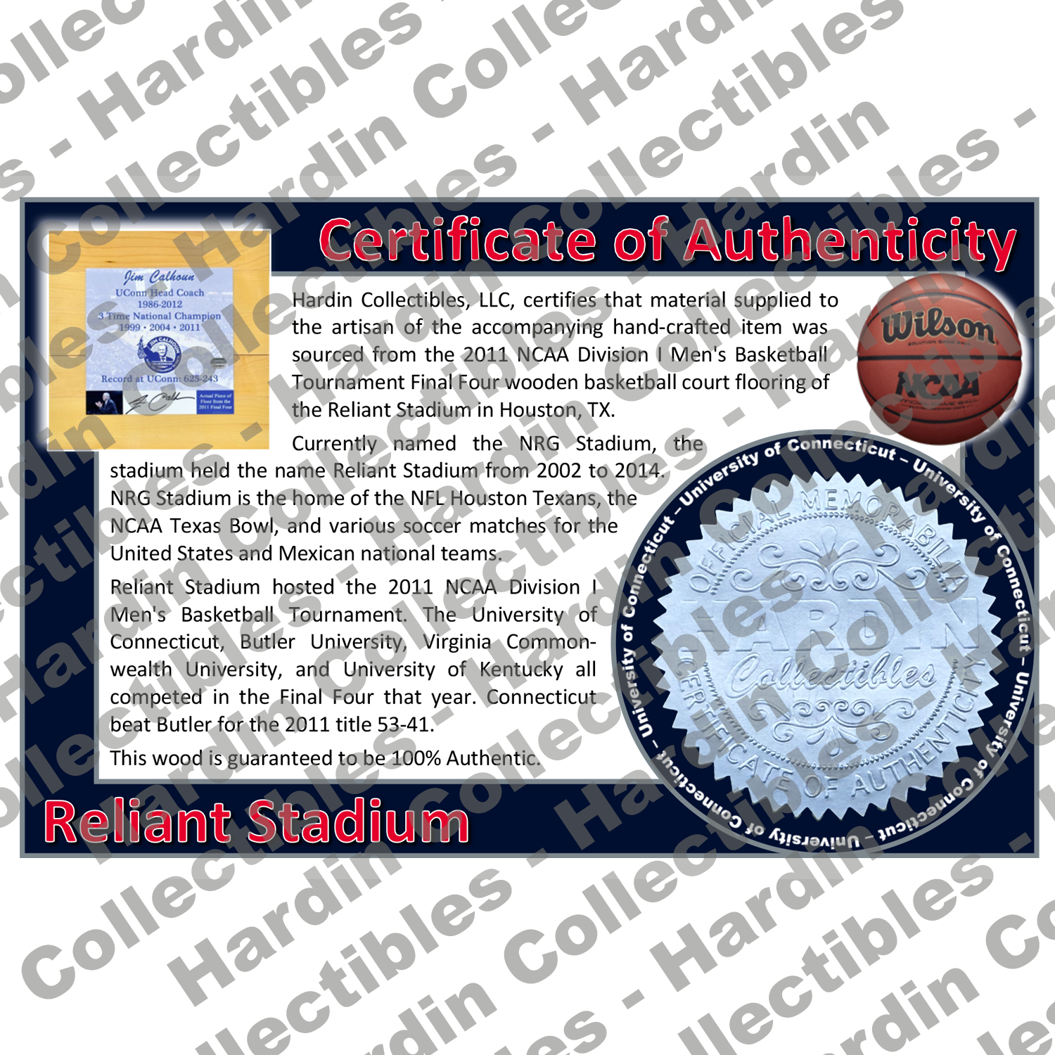 Image of certificate of authenticity for Reliant Stadium (2011 Final Four) University of Connecticut - front