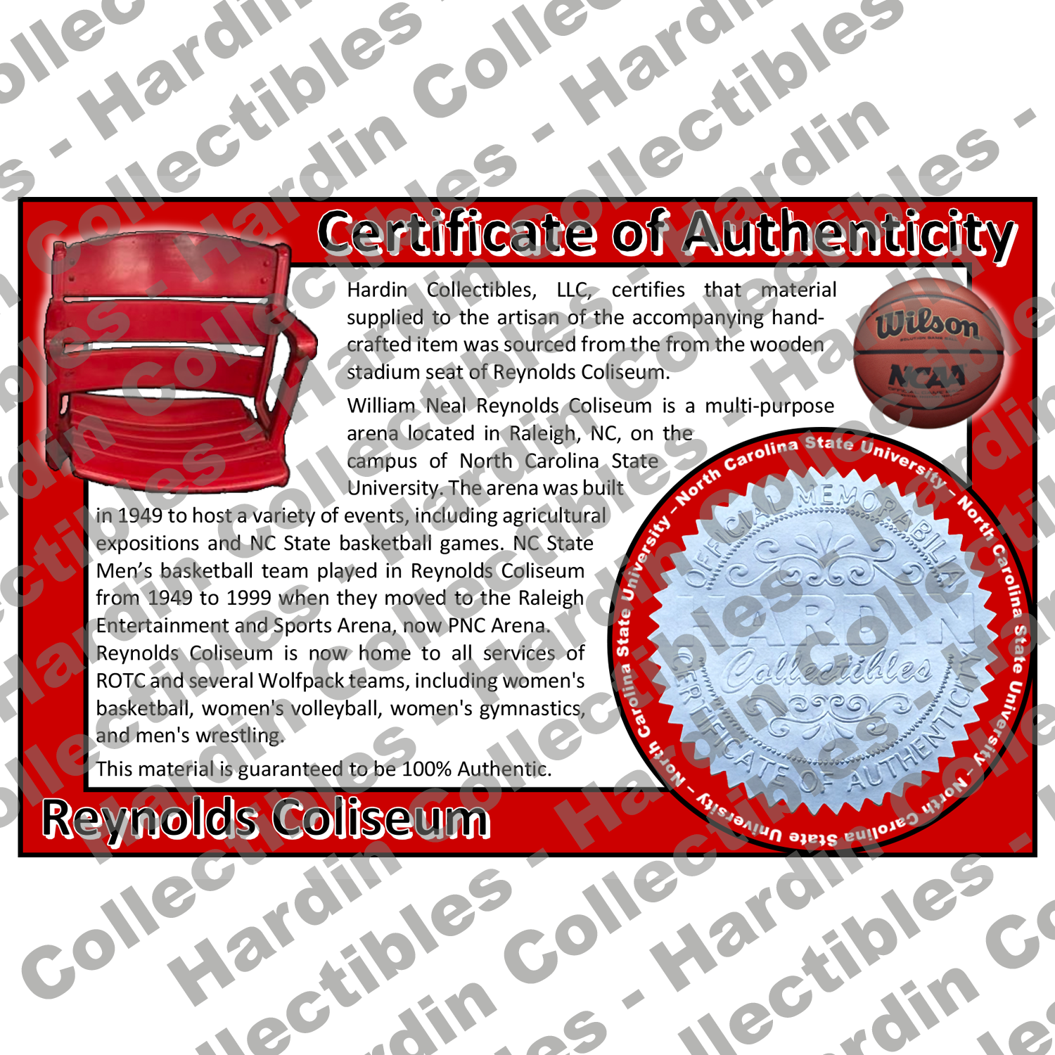 Image of certificate of authenticity for Reynolds Coliseum (North Carolina State University) [STADIUM SEAT] - front