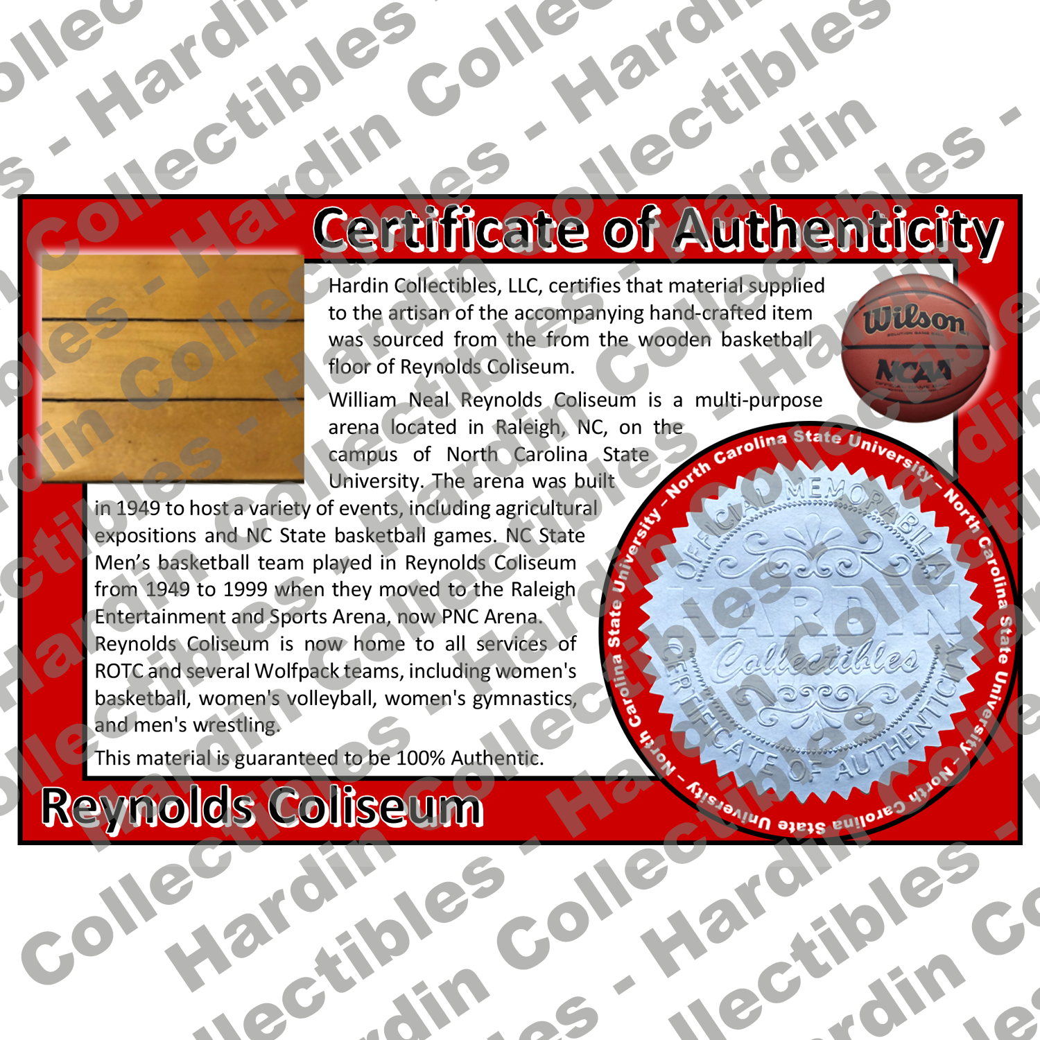 Image of certificate of authenticity for Reynolds Coliseum (North Carolina State University) [BASKETBALL FLOOR] - front