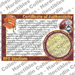 Image of certificate of authenticity for RFK Memorial Stadium (Senators, Redskins, Nationals) - front