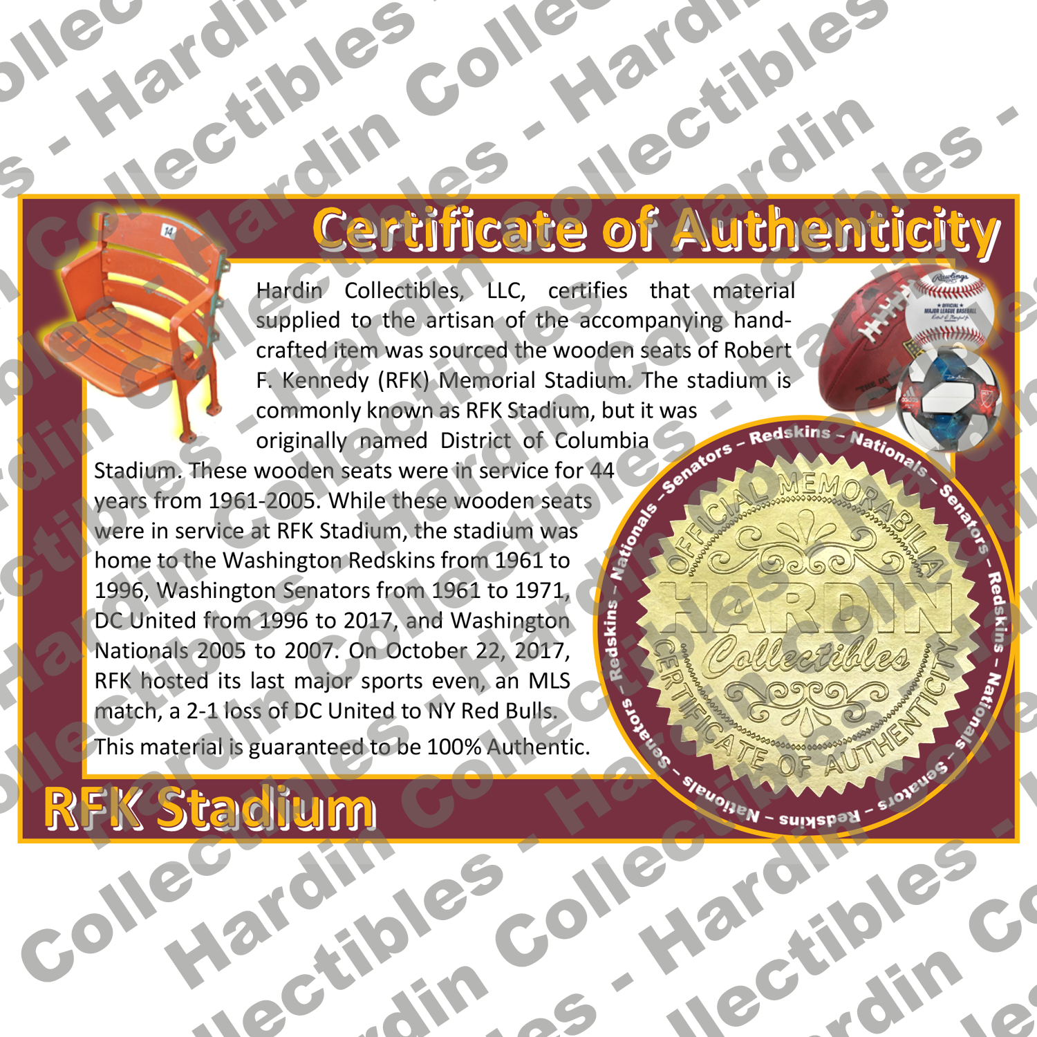Image of certificate of authenticity for RFK Memorial Stadium (Senators, Redskins, Nationals) - front
