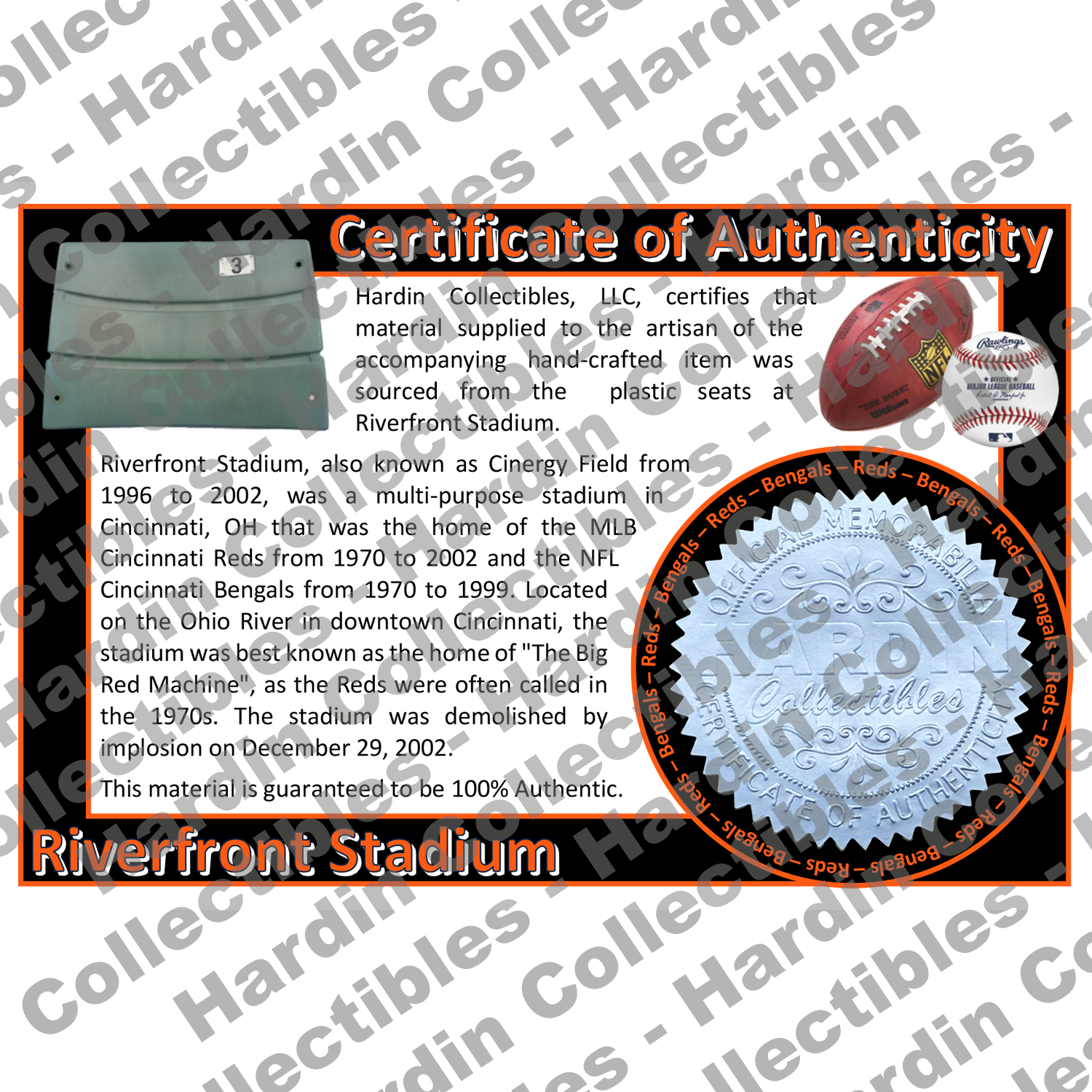 Image of certificate of authenticity for Riverfront Stadium (Cincinnati Bengals) - front