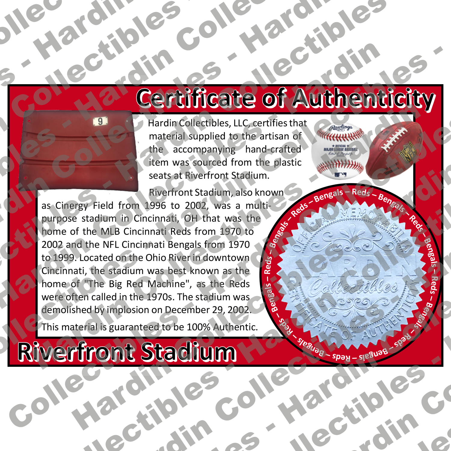Image of certificate of authenticity for Riverfront Stadium (Cincinnati Reds) - front