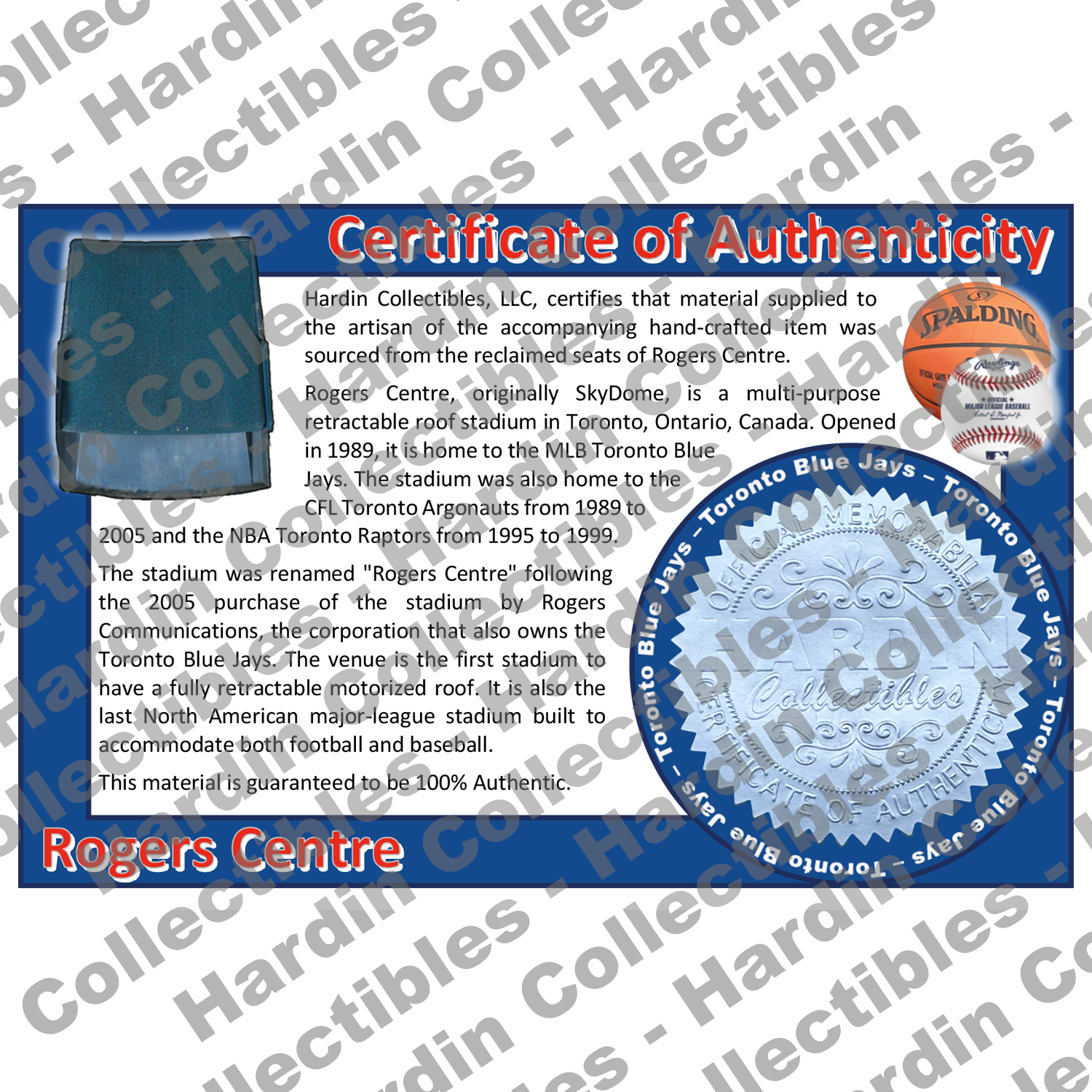 Image of certificate of authenticity for Rogers Centre (Toronto Blue Jays) - front