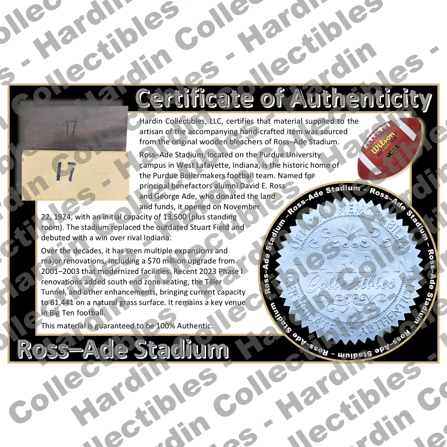 Image of certificate of authenticity for Ross–Ade Stadium (Purdue University) - front