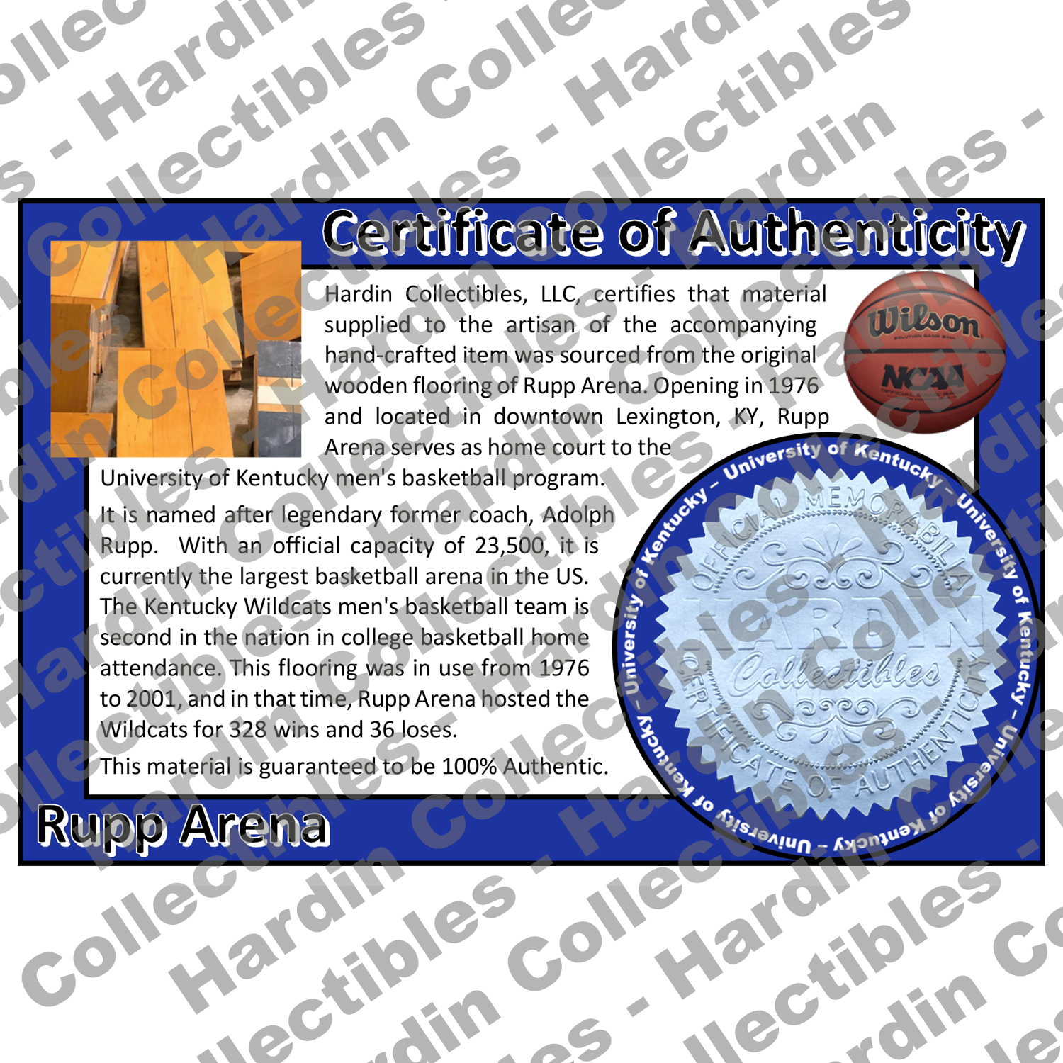 Image of certificate of authenticity for Rupp Arena (University of Kentucky) - front