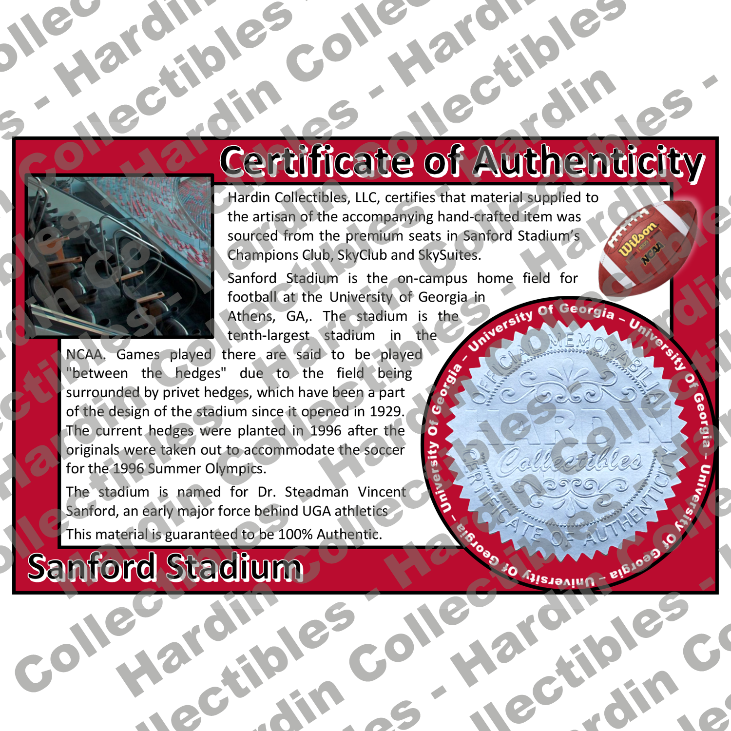 Image of certificate of authenticity for Sanford Stadium (University of Georgia) [PLASTIC] - front